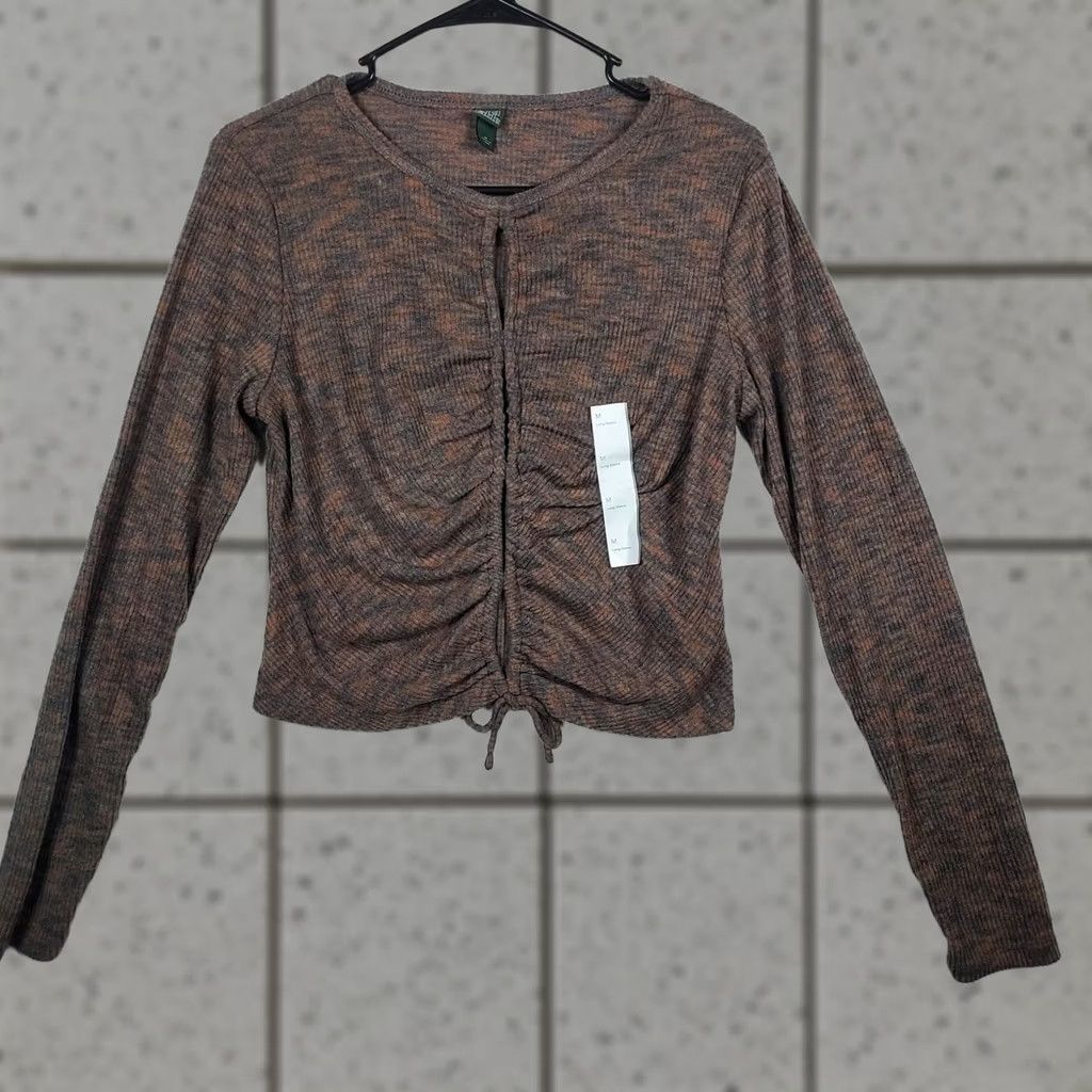 Vintage Wild Fable Ruched Ribbed Long Sleeve Top Brown M Womens Cropped Knit Stretch Pullover Casual/NWOT Size M / US 6-8 / IT 42-44 - 1 Thumbnail