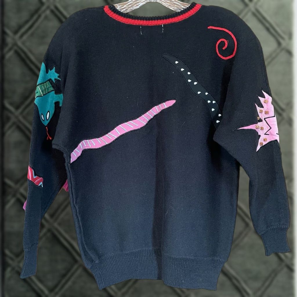 Vintage VTG 1990 Spree International Sweater Womens S appliqué abstract animals Cosby Size S / US 4 / IT 40 - 1 Thumbnail