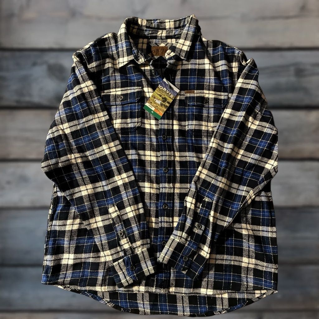 Orvis Orvis Heavyweight Flannel Shirt Mens XL Navy Check Pockets Button-Down Leather? Size US XL / EU 56 / 4 - 1 Thumbnail