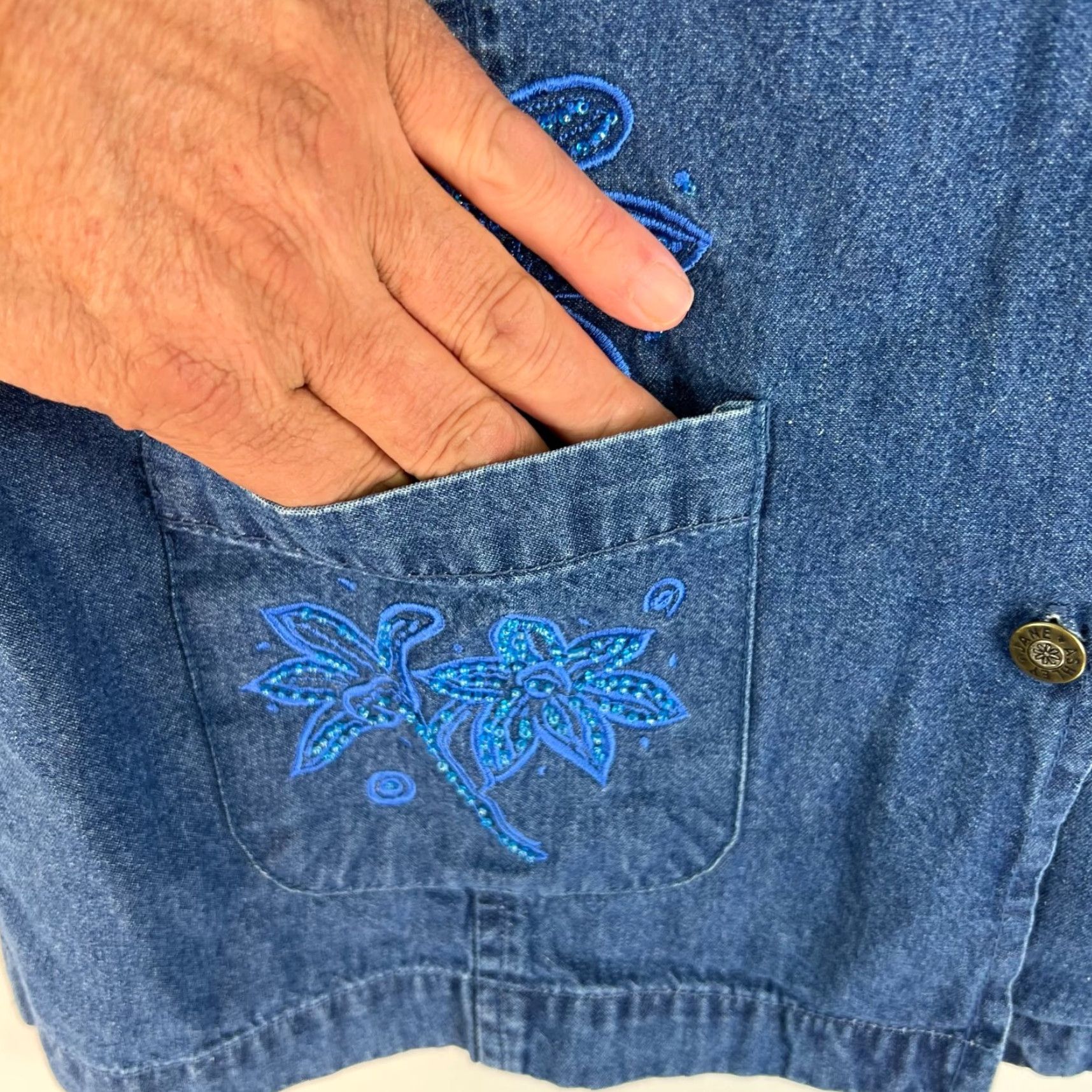 Denime VINTAGE Jane Ashley Denim Button-Up Jean Top Womens Size L Blue Floral Short Sleeve 80s 90s Size L / US 10 / IT 46 - 4 Thumbnail