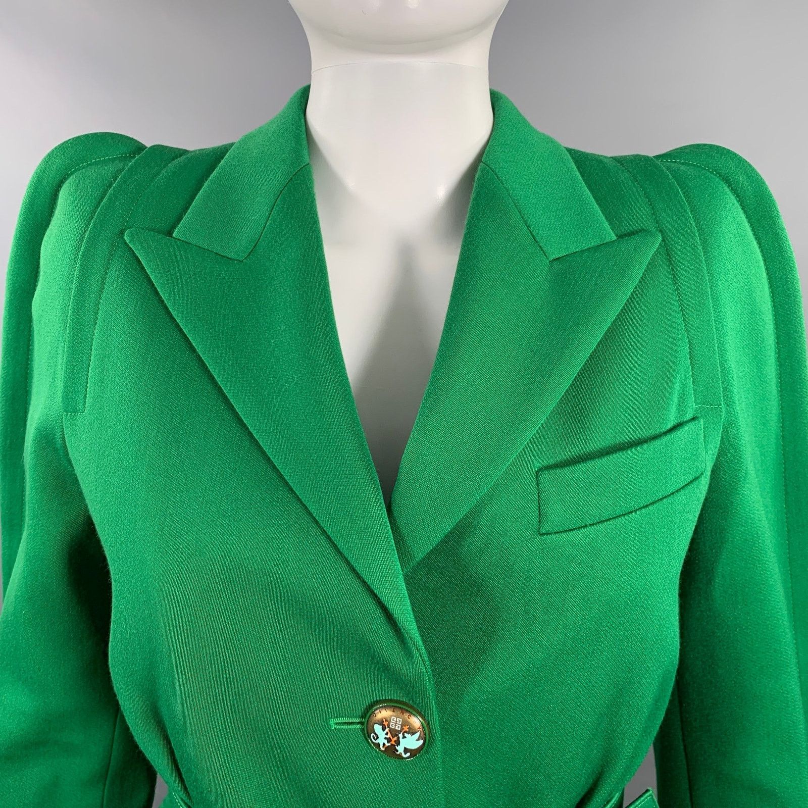 Givenchy GIVENCHY Green Polyester Wool Single Breasted Belted Jacket Size S / US 4 / IT 40 - 2 Thumbnail