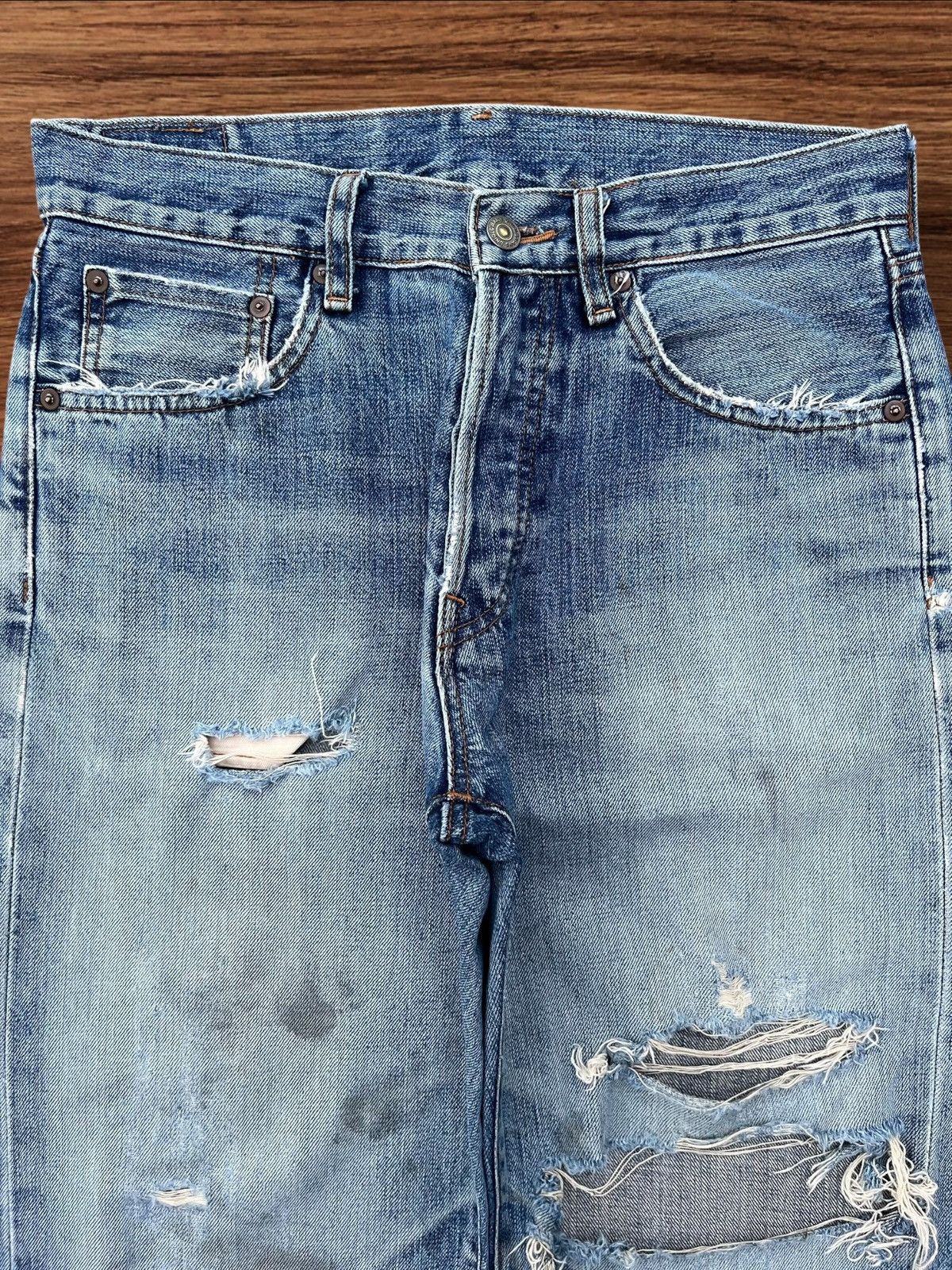 Japanese Brand × Jun Takahashi Vintage Japanese Blue Washed Buttonfly Ripped Selvedge Jeans Size US 30 / EU 46 - 4 Thumbnail