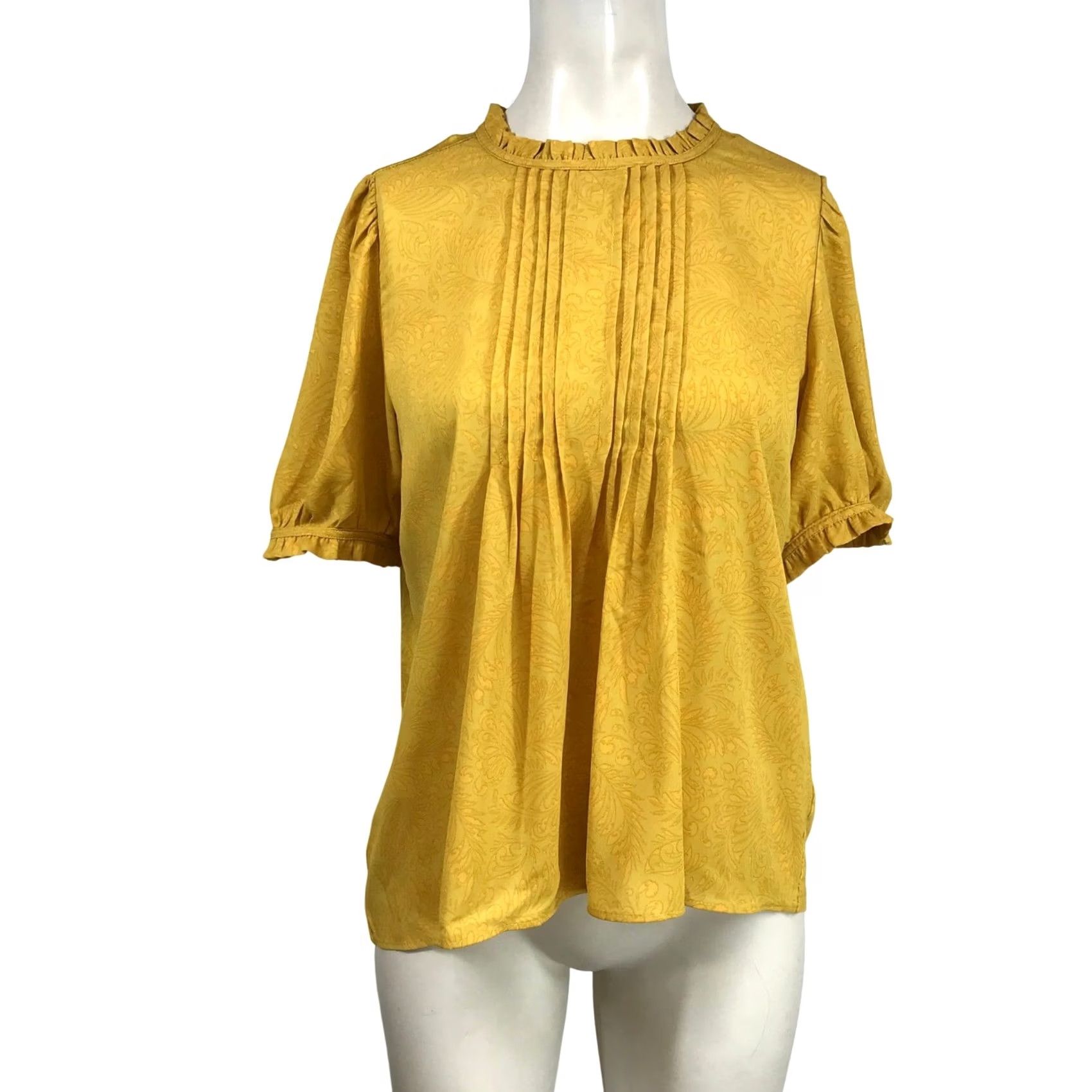 Loft VINTAGE LOFT? No, LOFT Petites Yellow Paisley Jacquard Pintuck Ruffle Neck Puff Sleeve Blouse PS Petites Women Blouse Yellow Paisley Jacquard Size S / US 4 / IT 40 - 2 Thumbnail