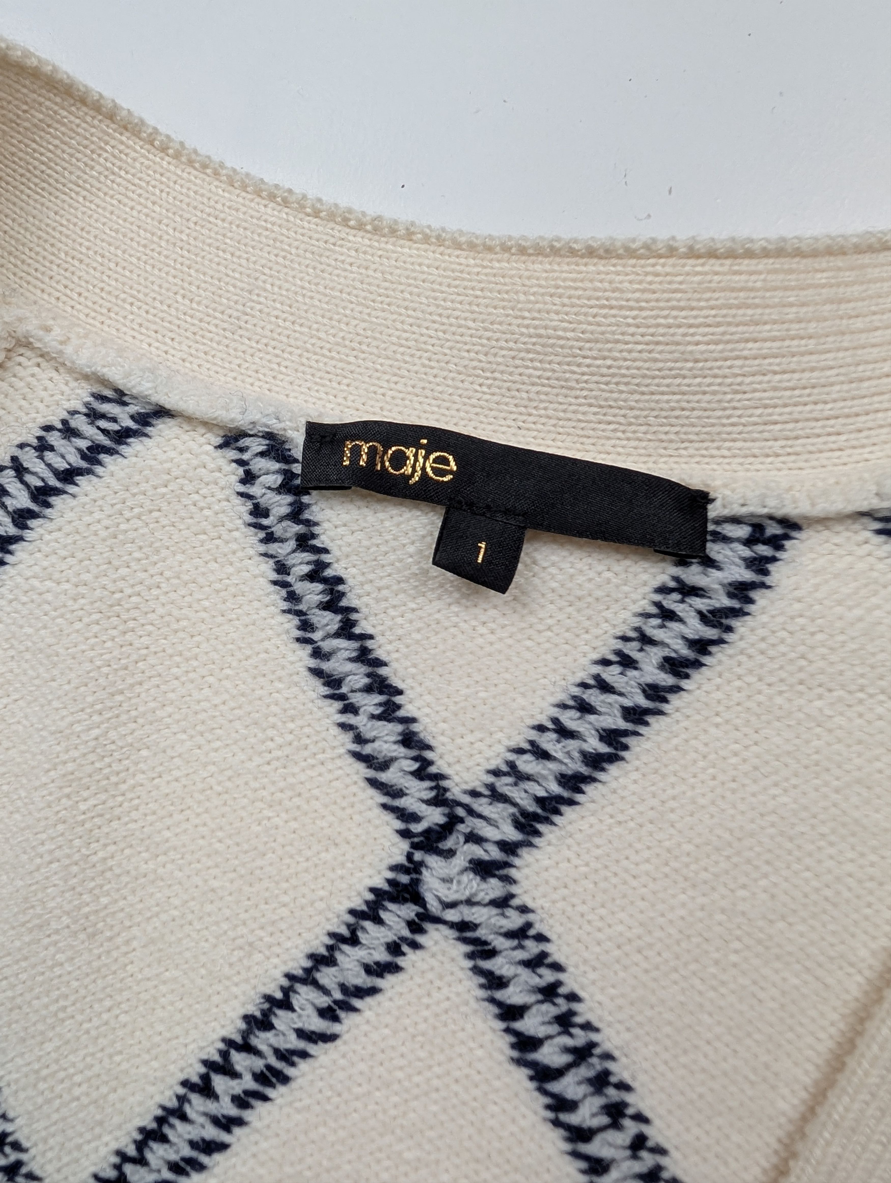 Maje Maje Beige With Navy Diamond-Pattern Cardigan Size XS / US 0-2 / IT 36-38 - 3 Thumbnail
