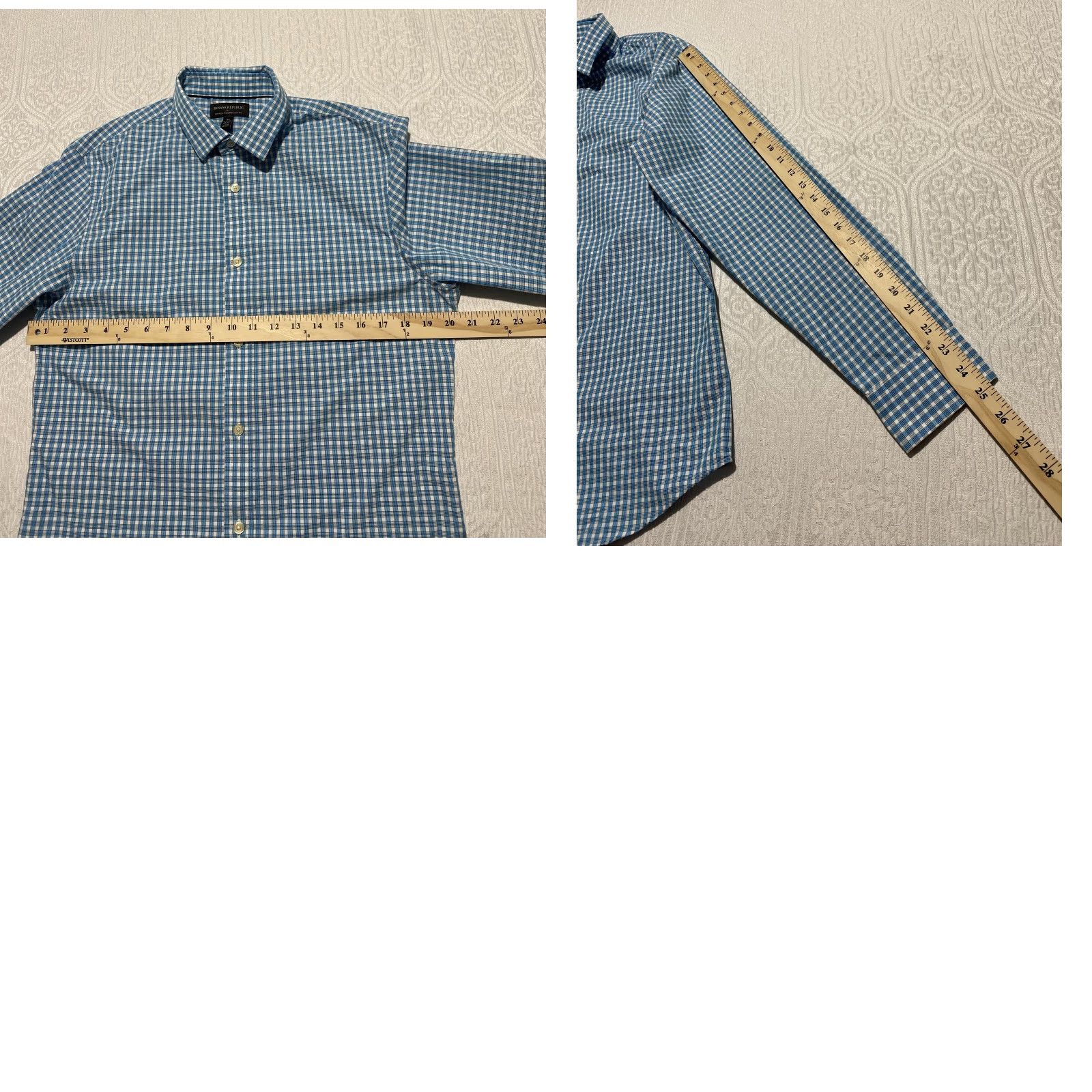 Banana Republic VINTAGE? No. Banana Republic Dress Shirt Mens M Blue Check Non Iron Tailored Slim Fit Size 40R - 8 Thumbnail