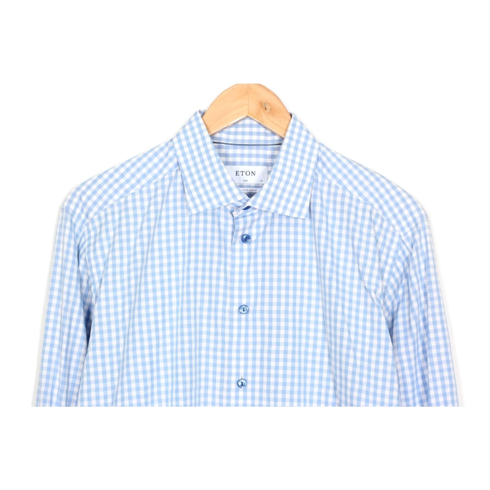 Eton ETON Poplin Shirt Men 43 Slim Fit Long Sleeve Check Formal Blue Size 46R - 2 Thumbnail