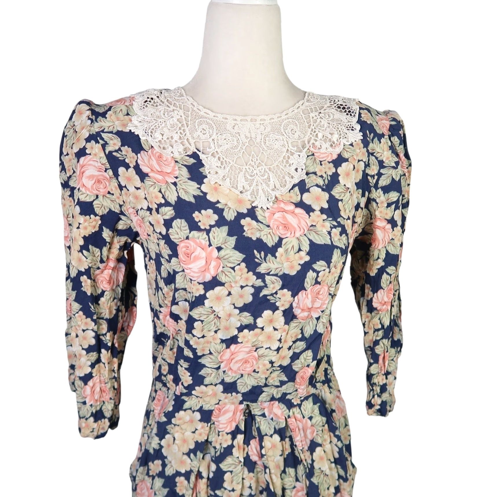 Vintage VINTAGE 80s E.D. Michaels Navy Blue Floral Lace Collar Midi Dress 6 Size M / US 6-8 / IT 42-44 - 2 Thumbnail
