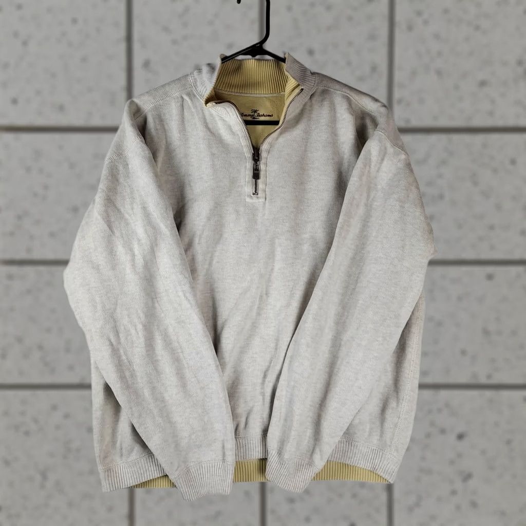 Tommy Bahama VINTAGE? No. Tommy Bahama Men’s Reversible Beige Yellow 1/4 Zip Cotton Pullover Sweater Size US L / EU 52-54 / 3 - 1 Thumbnail