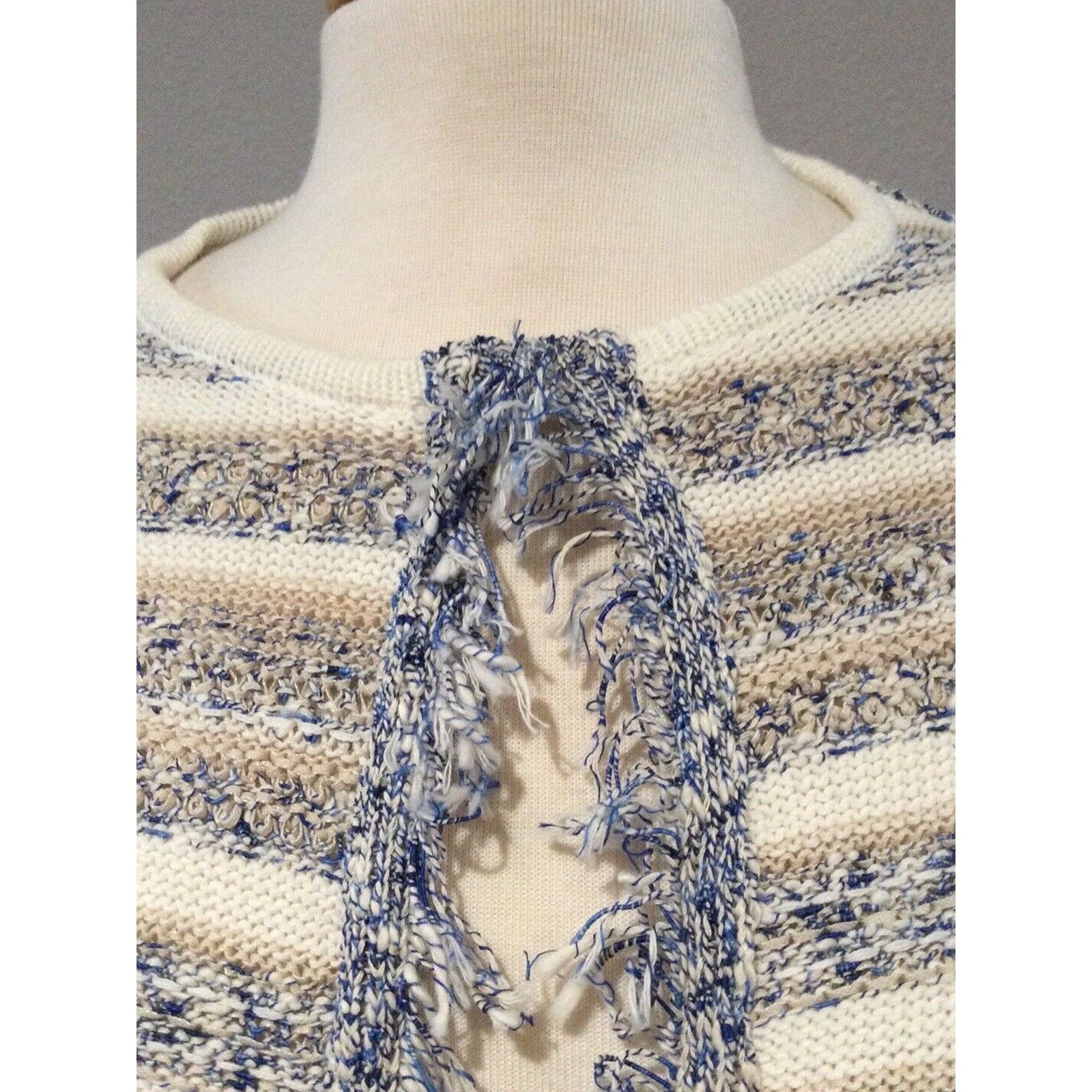 Chicos Chico's Fringe Tan Blue & White Knit Cardigan Size 0/S/4 Size S / US 4 / IT 40 - 3 Thumbnail