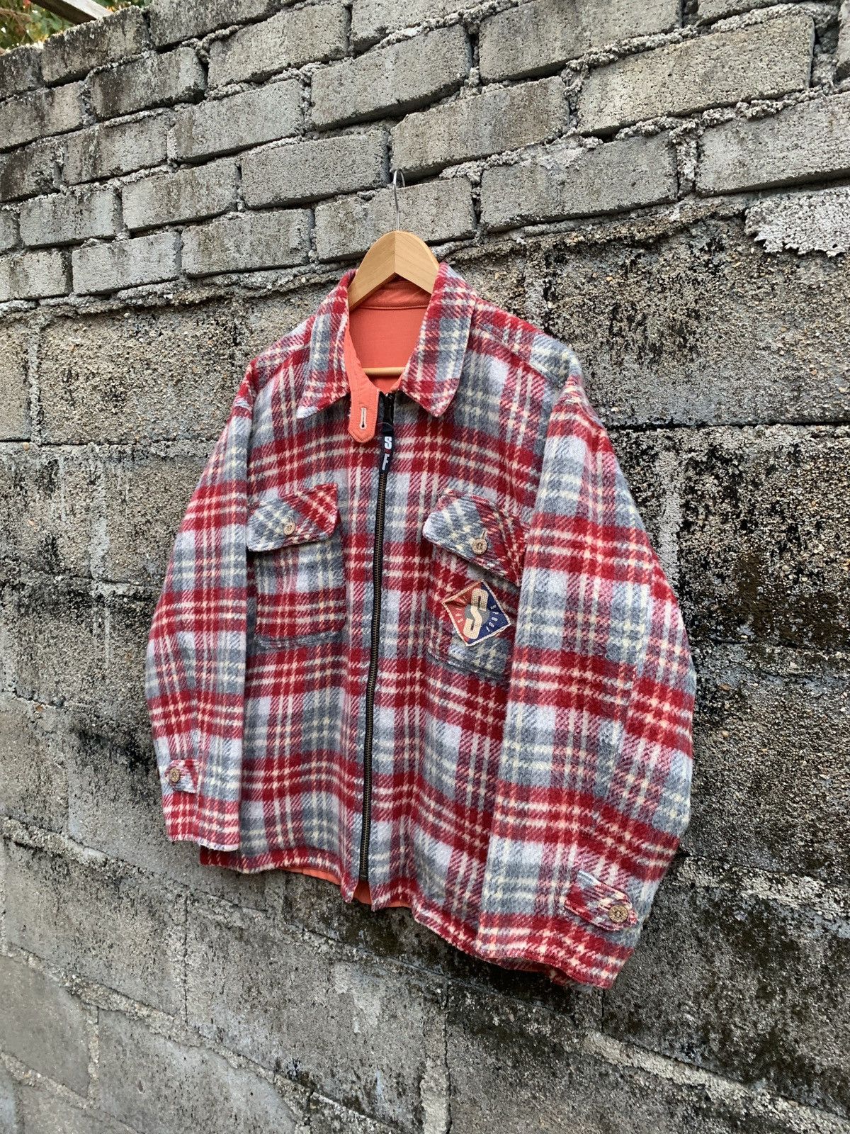 image of Vintage Spoof Reversible Flannel Jacket in Red Blue Plum Flannel, Men's (Size Large)