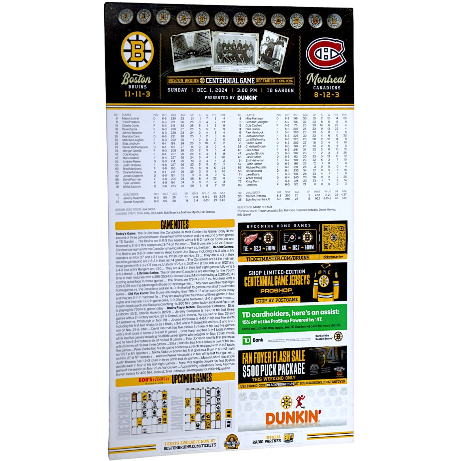 NHL Boston Bruins v Montreal Canadiens 12/1/24 Centennial Poster Size ONE SIZE - 7 Thumbnail