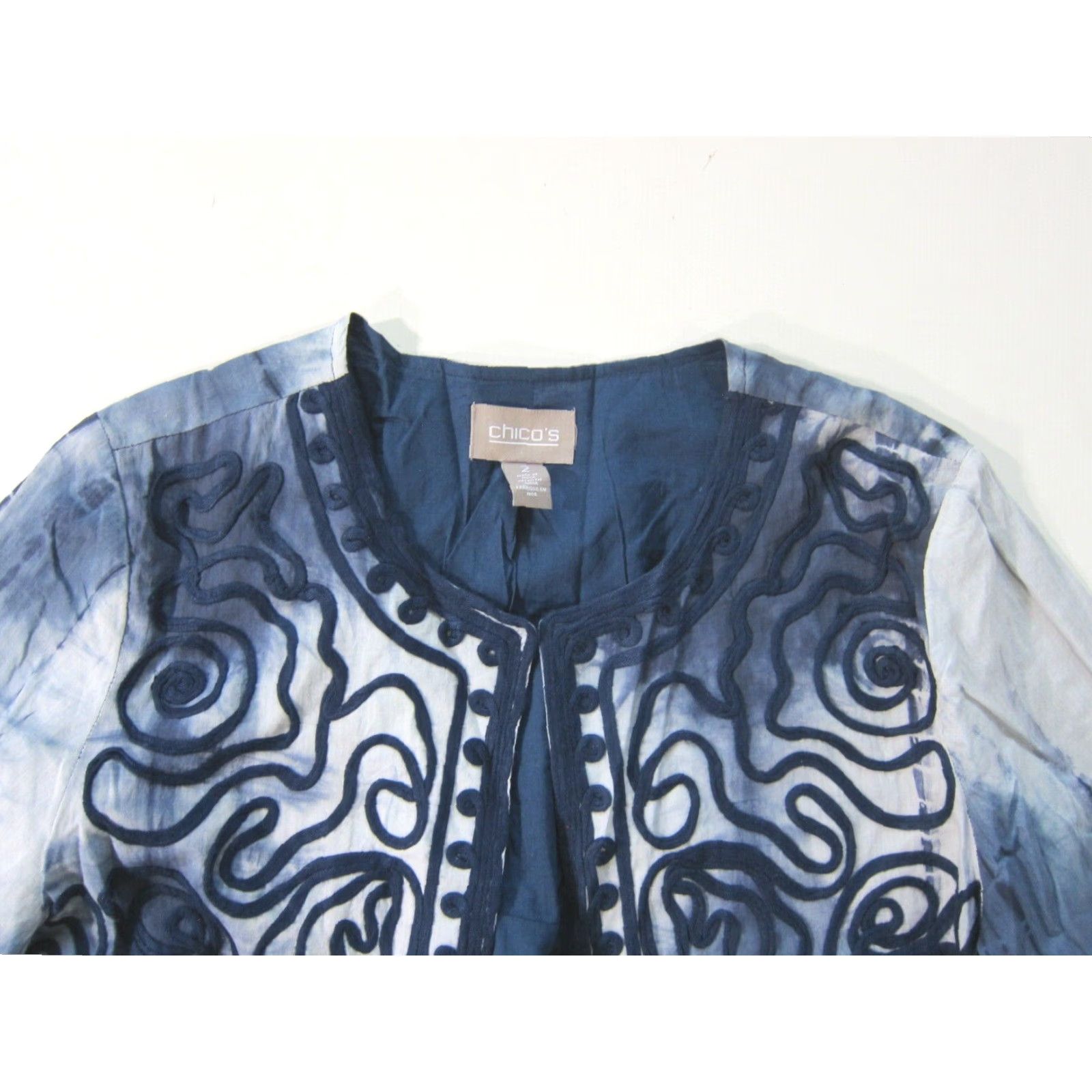 Vintage Chico's 100% Cotton Blue Tie Dye Embroidered Open Cardigan Jacket Women L Large Size L / US 10 / IT 46 - 4 Thumbnail