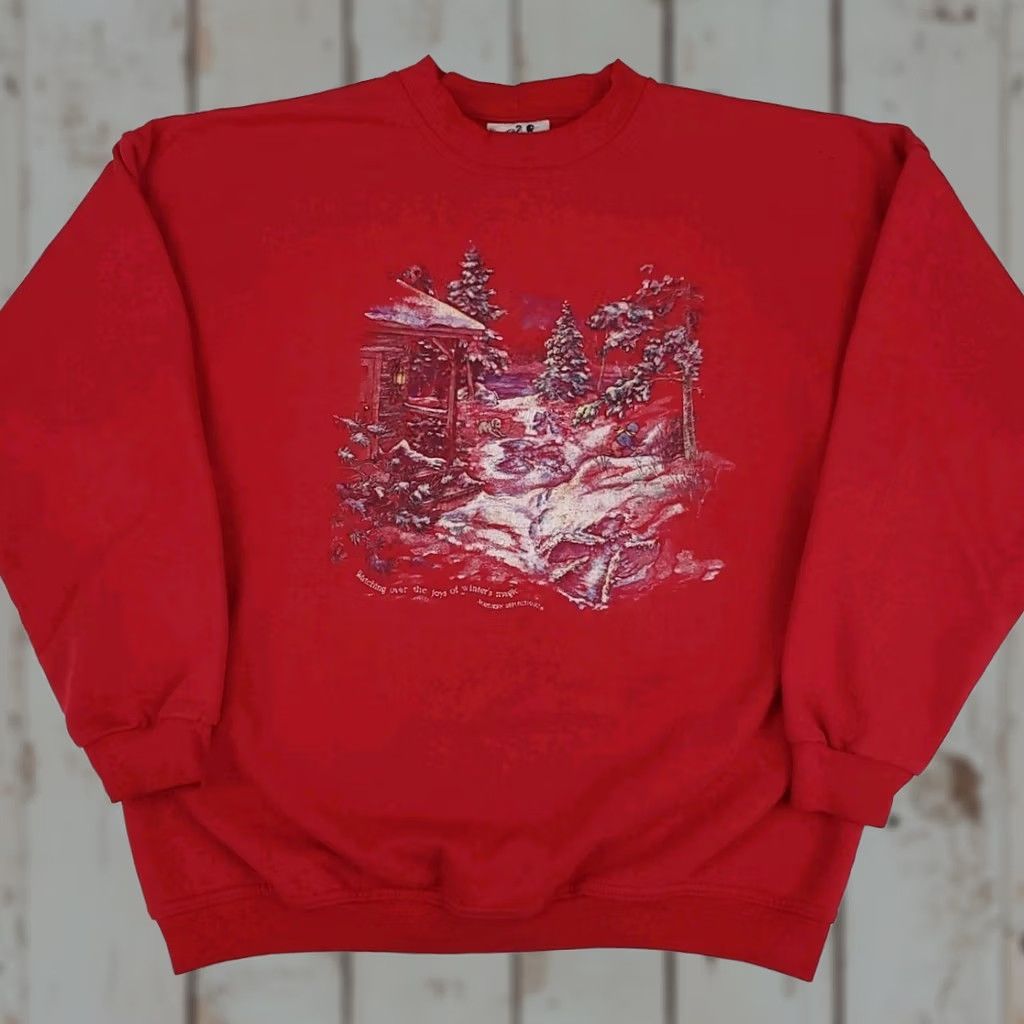 Northern Reflections VINTAGE Northern Reflections Sweatshirt Red 90s Winter Outdoor Scenic Print Pullover Unisex Adults L Mens Womens Size L / US 10 / IT 46 - 1 Thumbnail