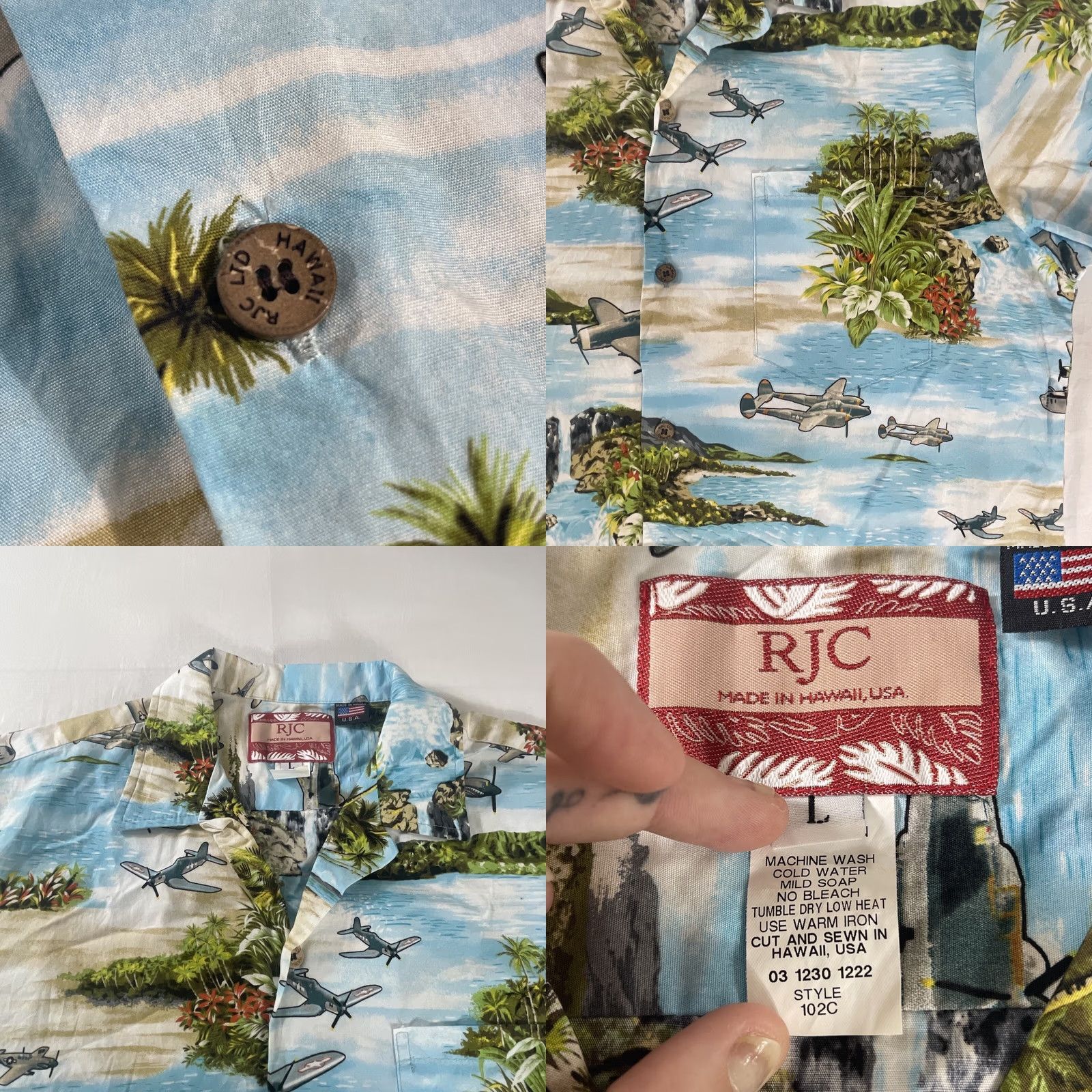 Vintage RJC Hawaiian Button Shirt World War II AOP Fighter Bomber Airplanes WW2 WWII Button-Up Short Sleeve Men's L Blue Cotton Shirt Size US L / EU 52-54 / 3 - 8 Thumbnail