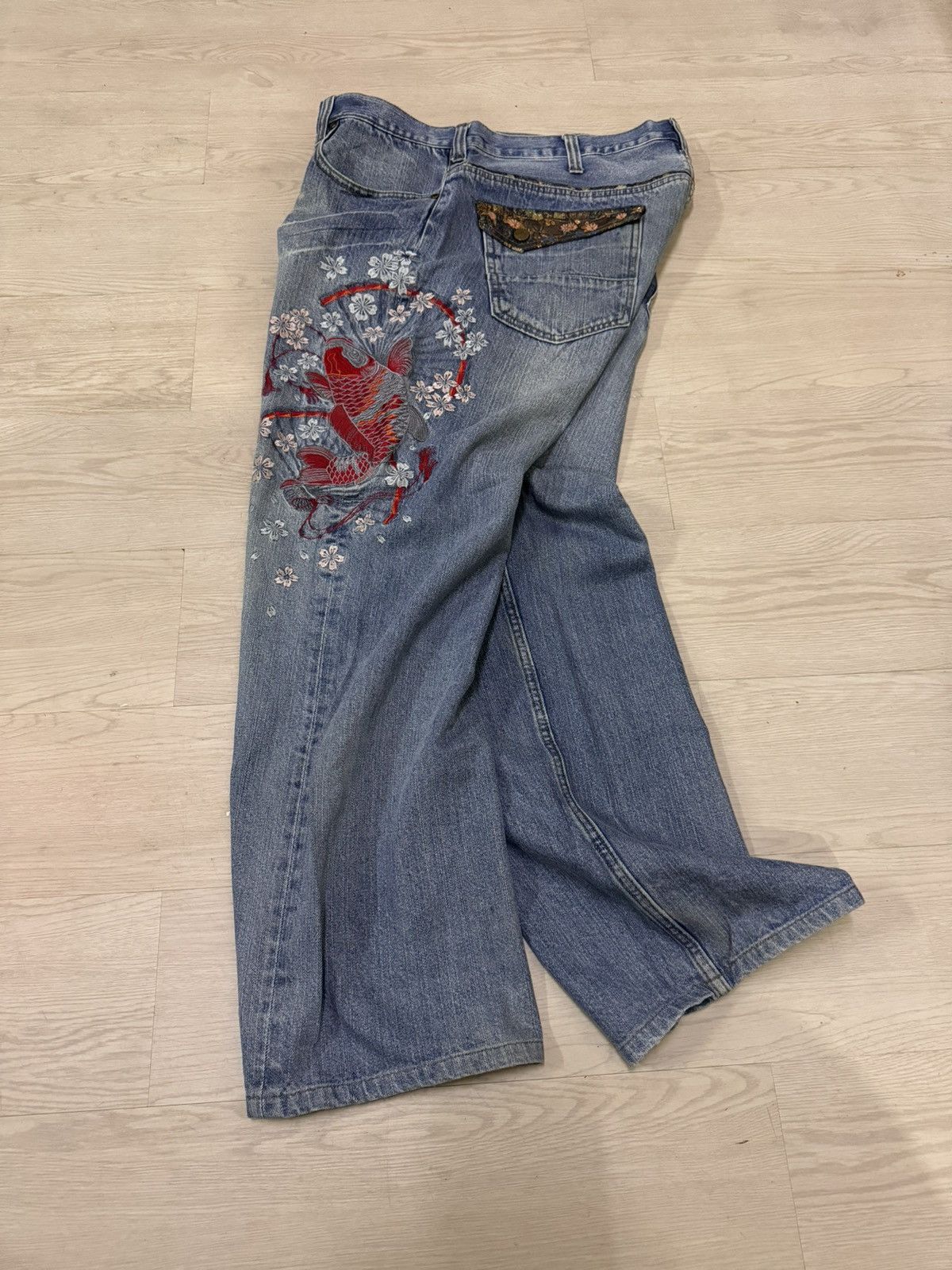 Japanese Brand Koi Pond Dragon Sukajan Japan Jeans Embroidered Size 41” Size US 41 - 3 Thumbnail
