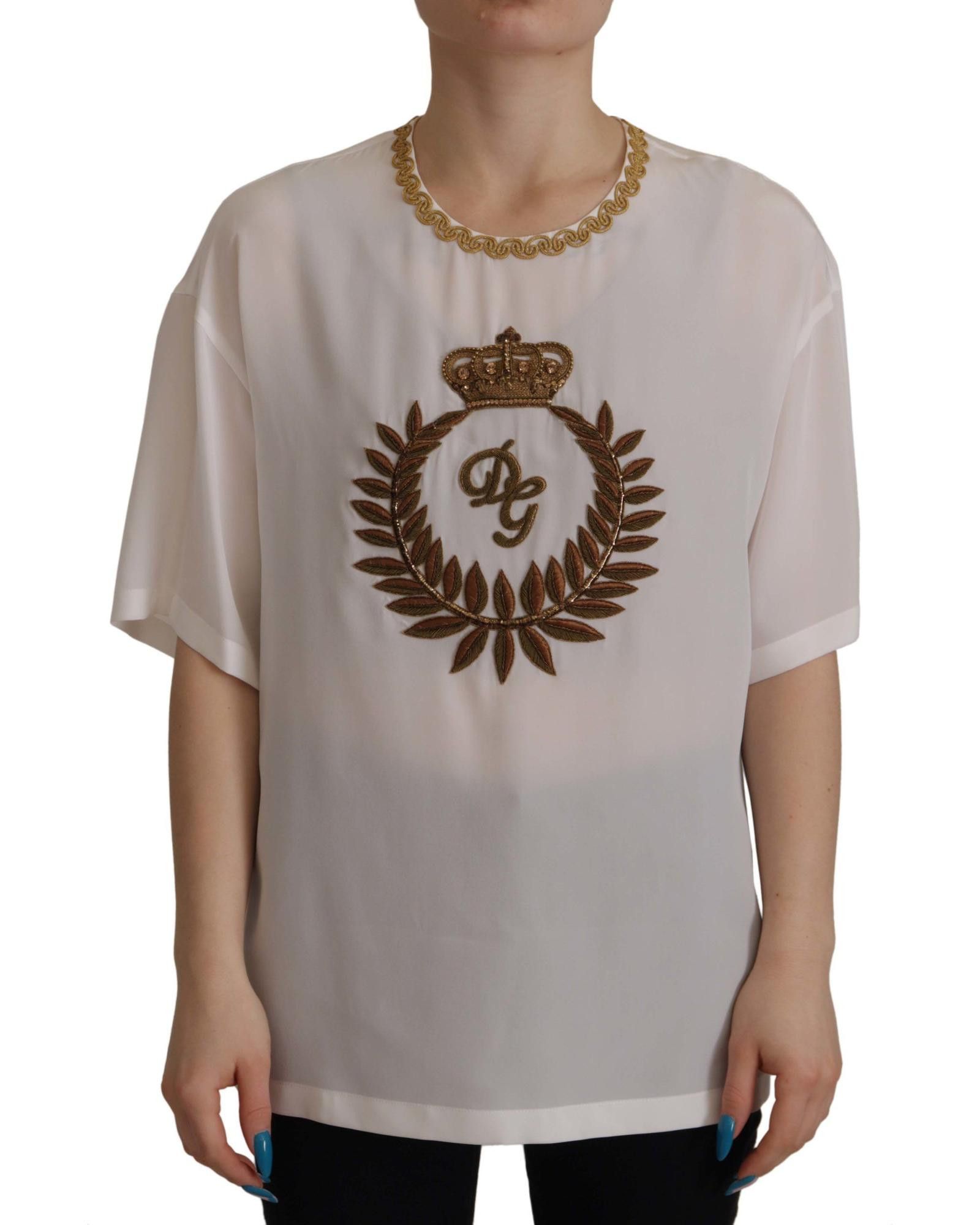 image of Dolce Gabbana Gorgeous Silk Crystal Blouse Top in White, Women's (Size XS)