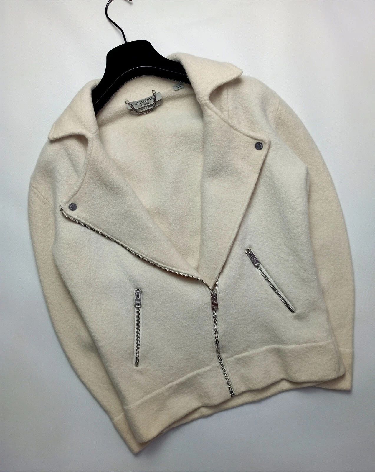 Allsaints AllSaints Robyn Biker Merino Wool Jacket Ivory – Size XS–S Size XS / US 0-2 / IT 36-38 - 5 Thumbnail