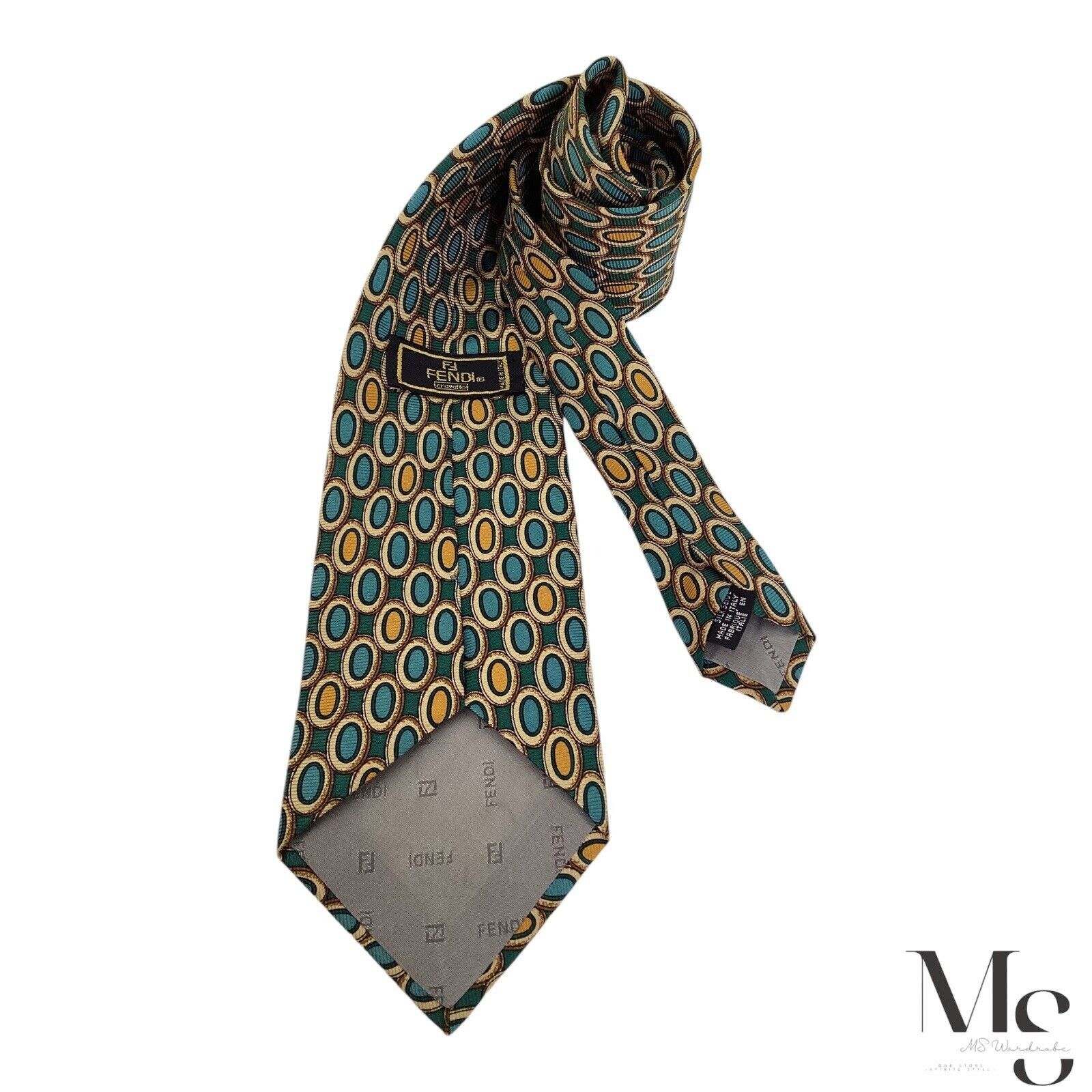 Fendi FENDI FF Green Geometric Silk Tie Made In Italy W:4" EX COND Size ONE SIZE - 2 Thumbnail