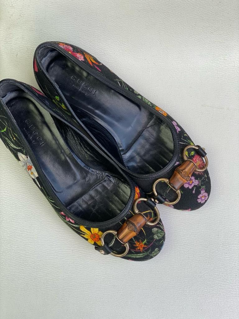 Gucci Black Flora Bamboo Ballet Heeled Flats Size US 5 / IT 35 - 2 Thumbnail
