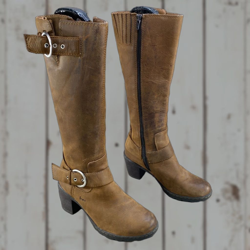 Born Born BOC Womens Boots Riding Brown Leather Tall Zip Buckle Heel 6.5 Size US 7 / IT 37 - 1 Thumbnail