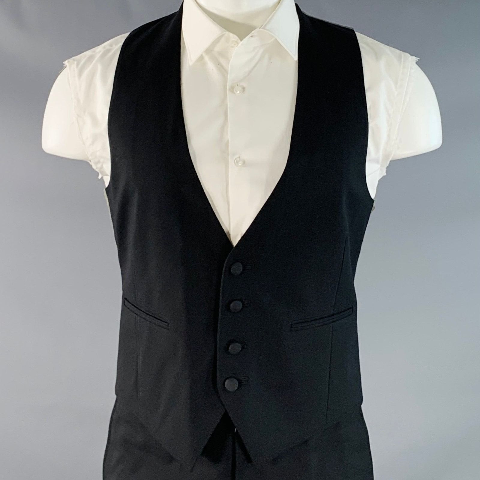 Paul Stuart Size 38 Regular Black Wool Notch Lapel 3 Piece Tuxedo Size 38R - 4 Thumbnail