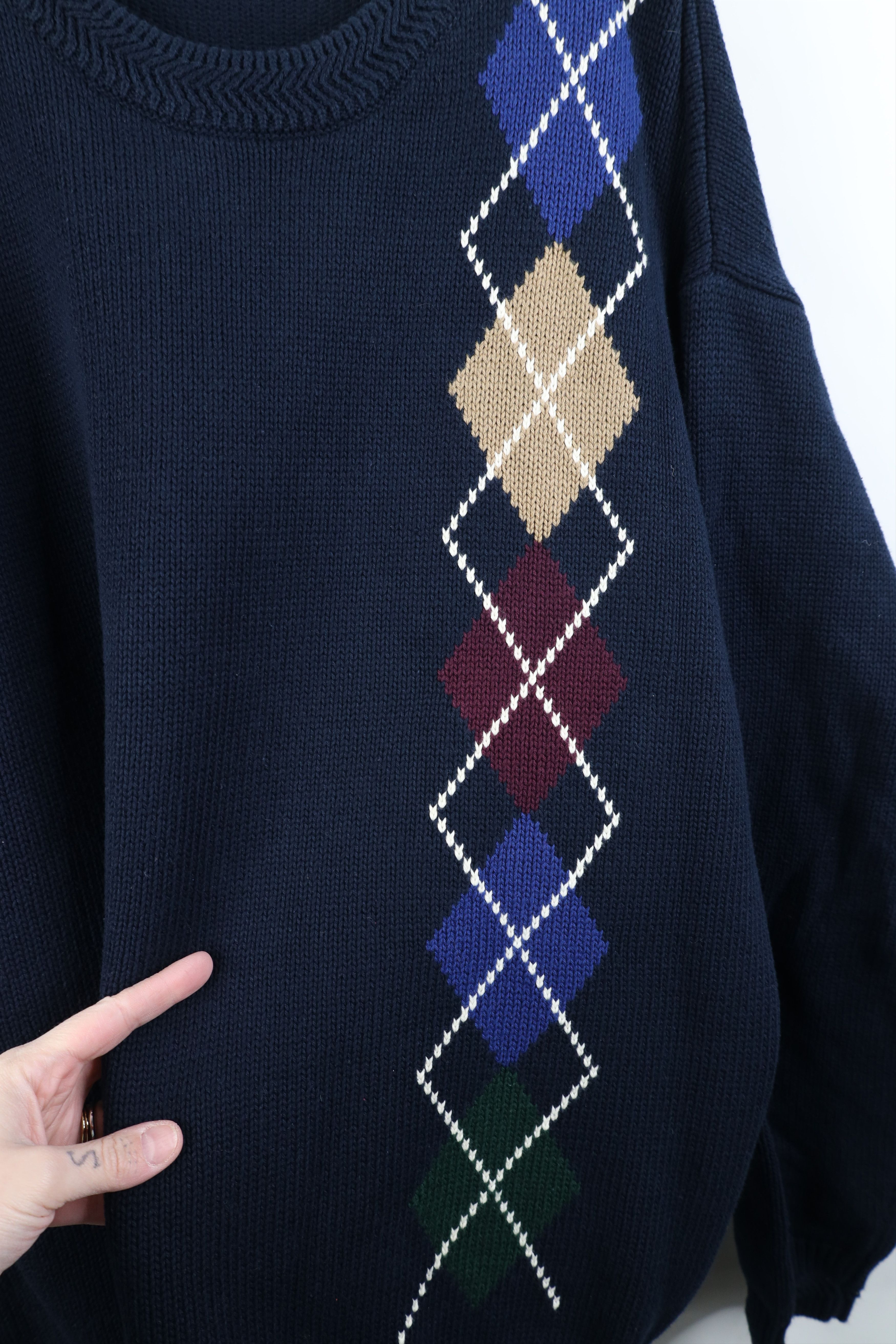 Vintage Vintage 90s Streetwear Argyle Diamond Knit Sweater Cotton Size US XL / EU 56 / 4 - 4 Thumbnail