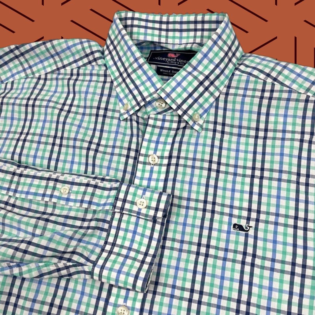 Vineyard Vines Vineyard Vines Whale Shirt Mens L Green White Blue Plaid Button-Up Dress Prep Shirt Size 42R - 1 Thumbnail
