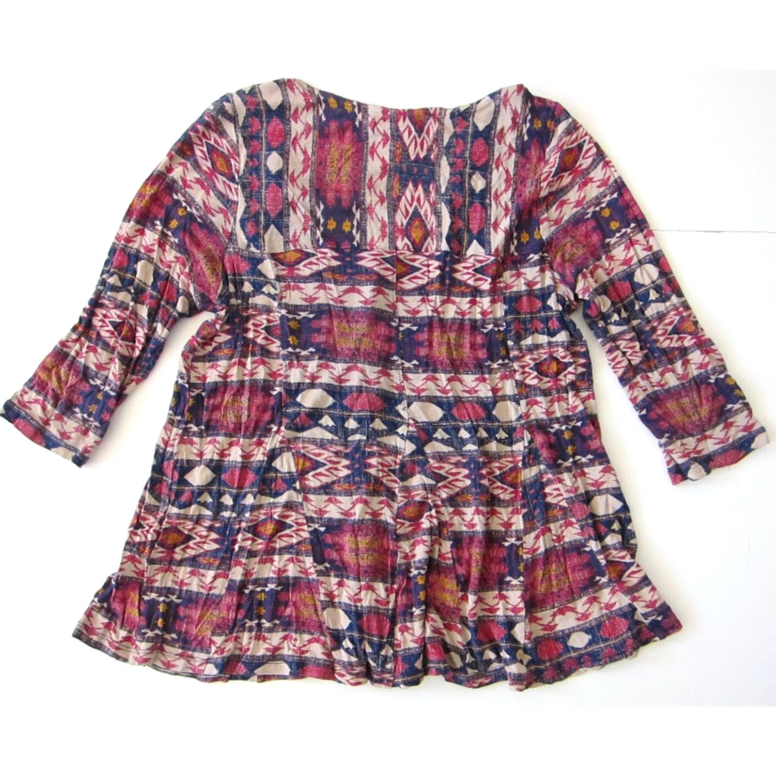 Lucky Brand VINTAGE Lucky Brand Blouse Shirt M Pink Blue Yellow 100% Rayon Button Down 3/4 Sleeve Tunic Batik Peasant Womens Size M / US 6-8 / IT 42-44 - 2 Thumbnail
