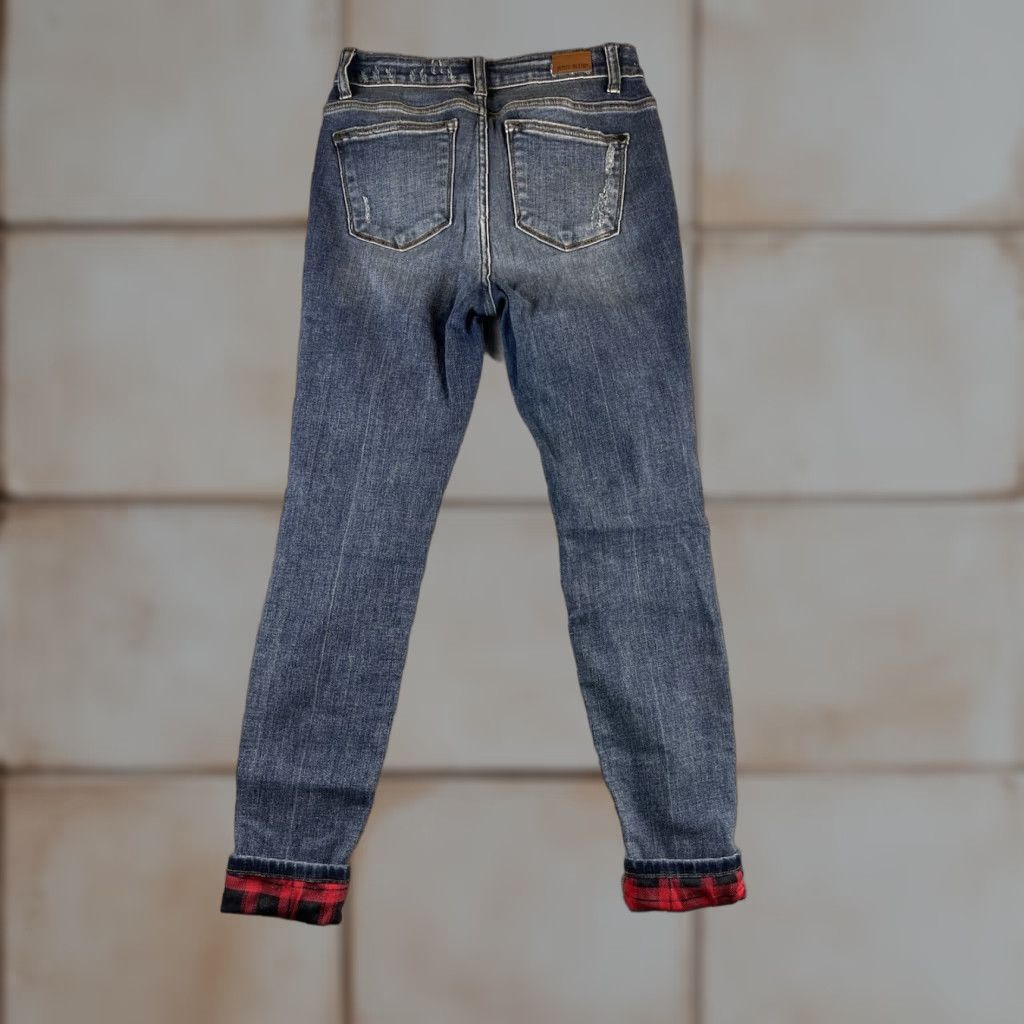 Vintage Judy Blue Jeans Womens 5/27 Blue Skinny Fit Distressed Red Buffalo Plaid Lined Jeans Women Size 27" / US 4 / IT 40 - 1 Thumbnail