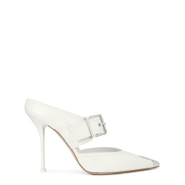o1g2r1mq0824 Punk Buckle Mule in White & Silver