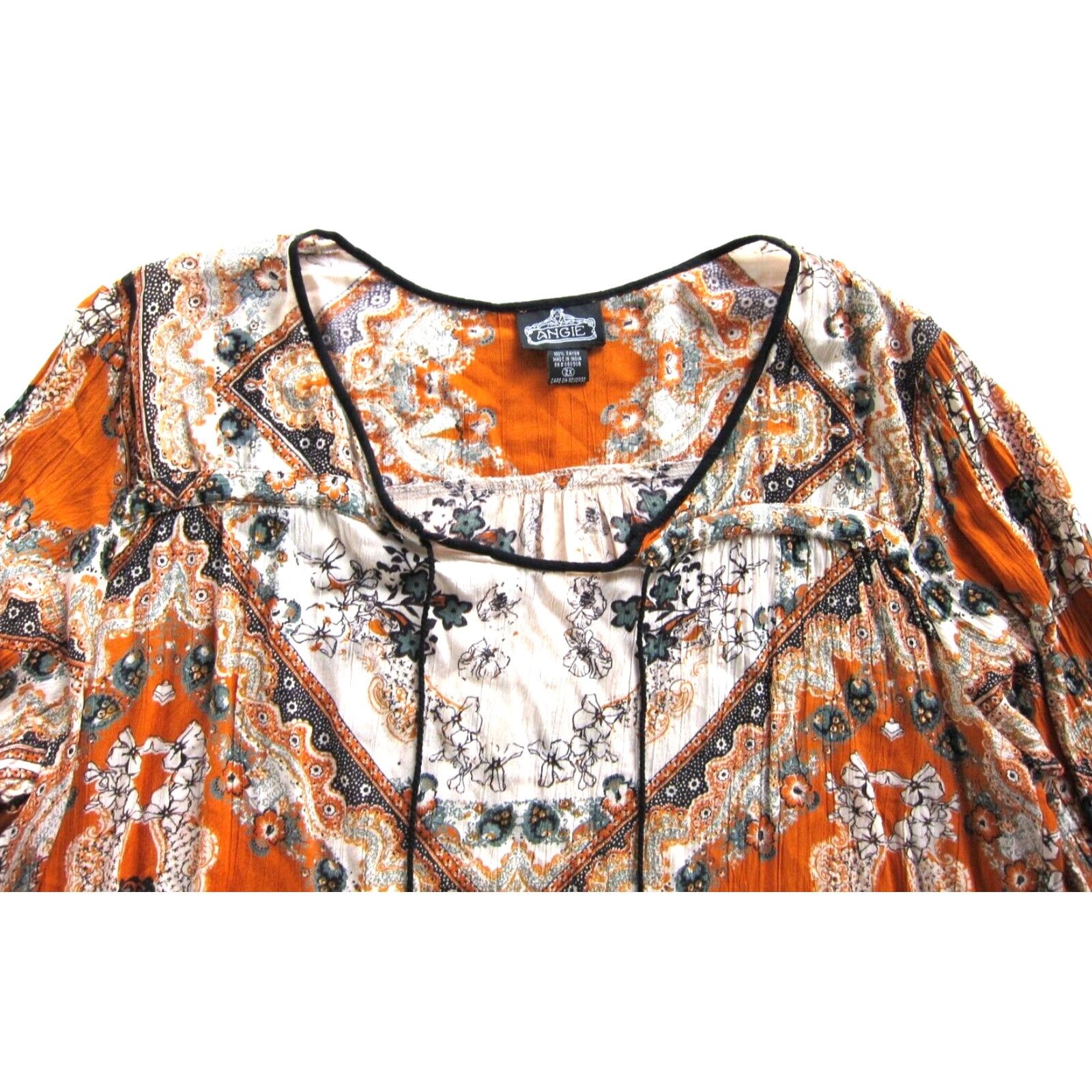 Vintage Angie Blouse Shirt 2X Adult Womens Floral Long Sleeve Tunic Peasant 100% Rayon Orange Black Green Size XXL / US 16-18 / IT 52-54 - 3 Thumbnail