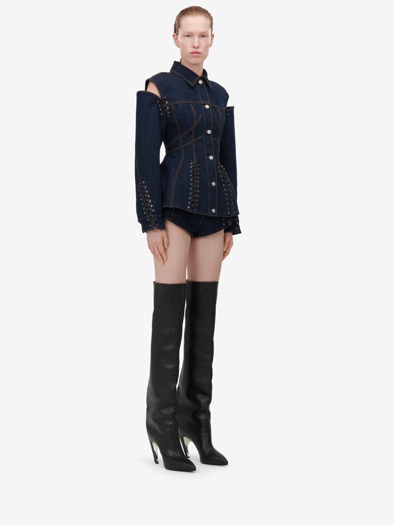 Alexander McQueen o1srvl11e0226 Lace Detail Slashed Denim Jacket In Blue Size S / US 4 / IT 40 - 3 Thumbnail