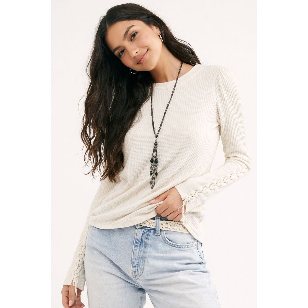 Free People Free People One White Waffle Knit Braided LS Top Small Boho Size S / US 4 / IT 40 - 2 Thumbnail