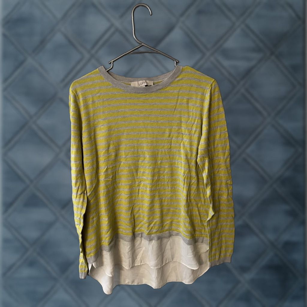 Loft LOFT Pullover Sweater Womens Large Striped Yellow Gray Long Sleeve Knit Size L / US 10 / IT 46 - 1 Thumbnail
