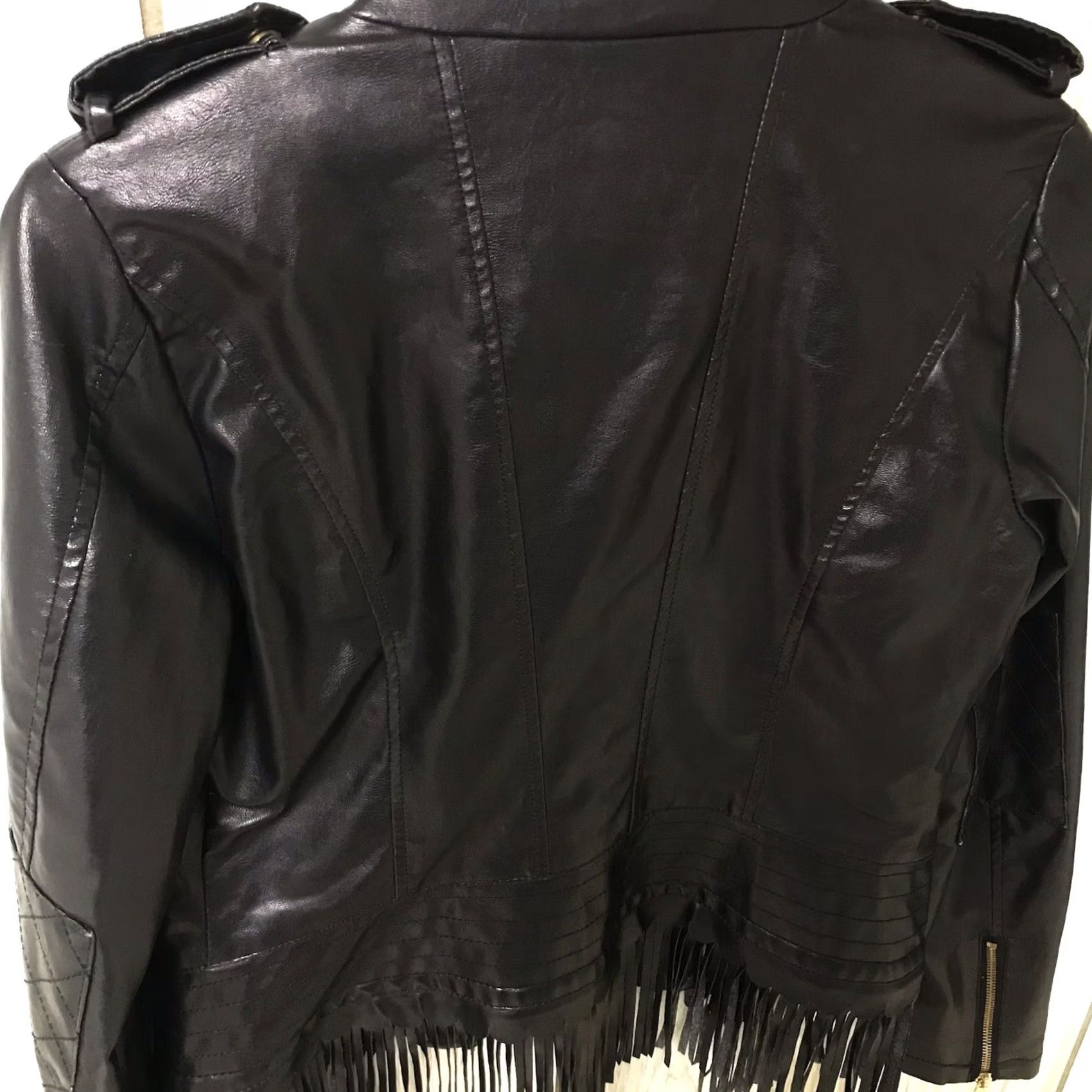 Steve Madden Steve Madden Women Black Faux Leather Fringed Asymmetrical Zip Motorcycle Jacket S Size S / US 4 / IT 40 - 5 Thumbnail