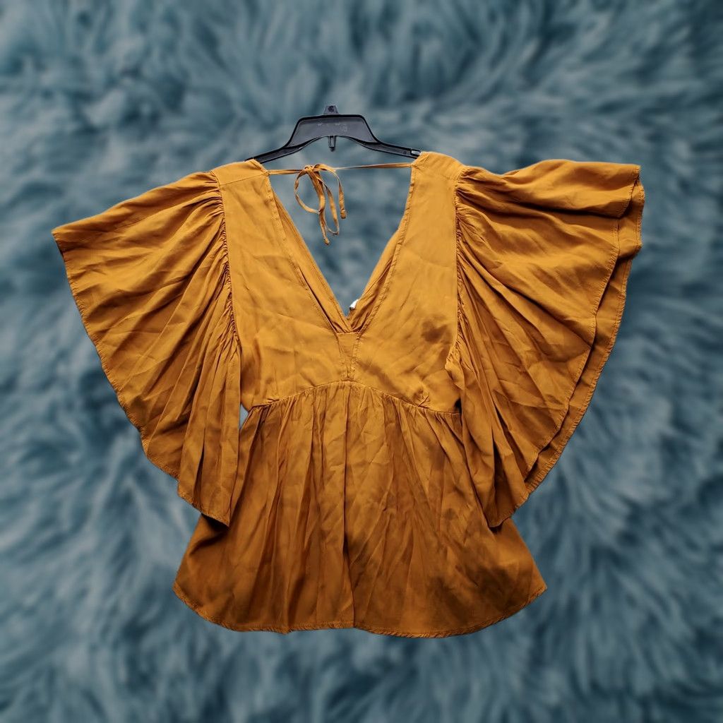 Vintage Souvenir Blouse Womens M Tan Boho Butterfly Sleeve V-Neck Tie Back Shirt Size M / US 6-8 / IT 42-44 - 1 Thumbnail