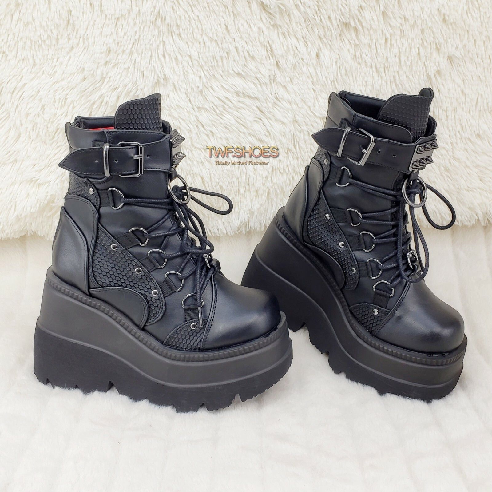 Demonia Cult DEMONIA Shaker 60 Black Matte Platform 4.5" Wedge Heel Ankle Size US 7 / IT 37 - 3 Thumbnail
