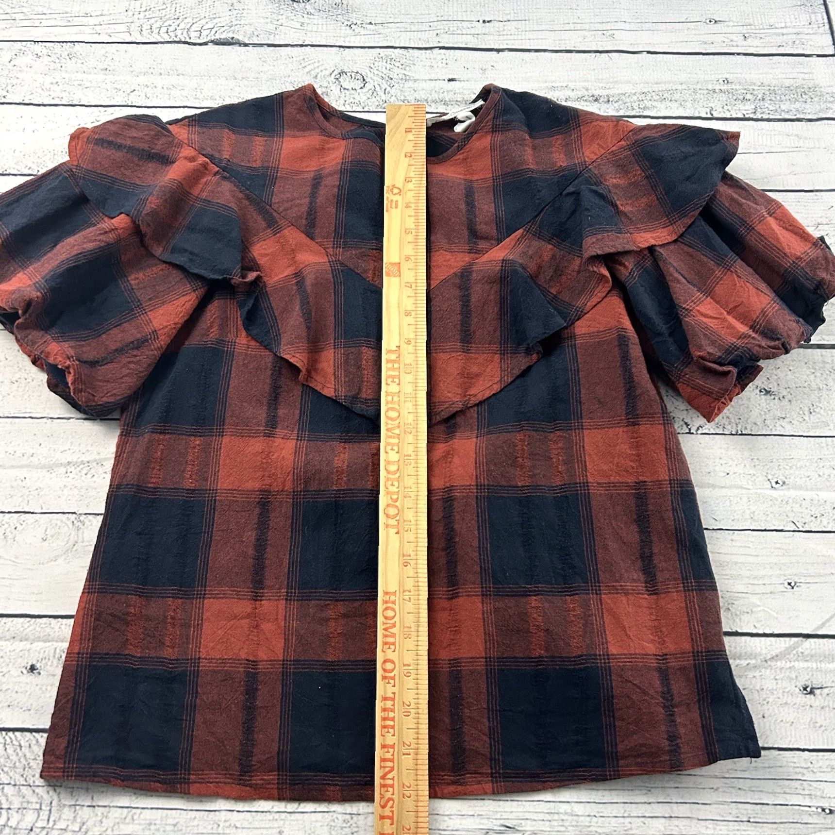 Bcbgmaxazria BCBG Plaid Ruffle Short Sleeve Shirt Women's XS Red Dark Blue Size XS / US 0-2 / IT 36-38 - 3 Thumbnail
