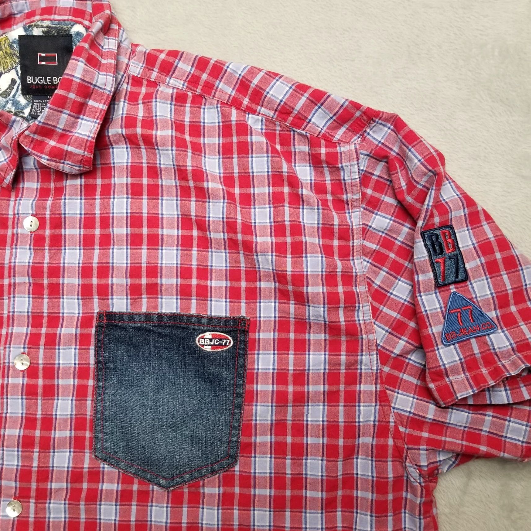 Bugle Boy Vintage Bugle Boy Shirt Men XL Red Blue Plaid 100% Cotton Pocket Button-Up Short Sleeve Denim/ Woven MENS Size US XL / EU 56 / 4 - 3 Thumbnail
