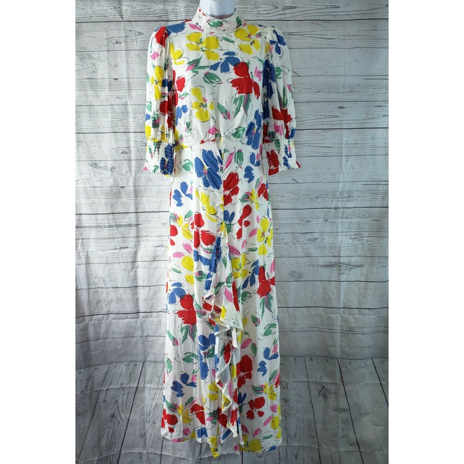 RIXO Rixo for Target Womens Cascade Dress Sz 6 White Blue Floral Mock Neck Maxi Dress Bodice Cascade Ruffle Half Sleeve Womens JS Size M / US 6-8 / IT 42-44 - 2 Thumbnail