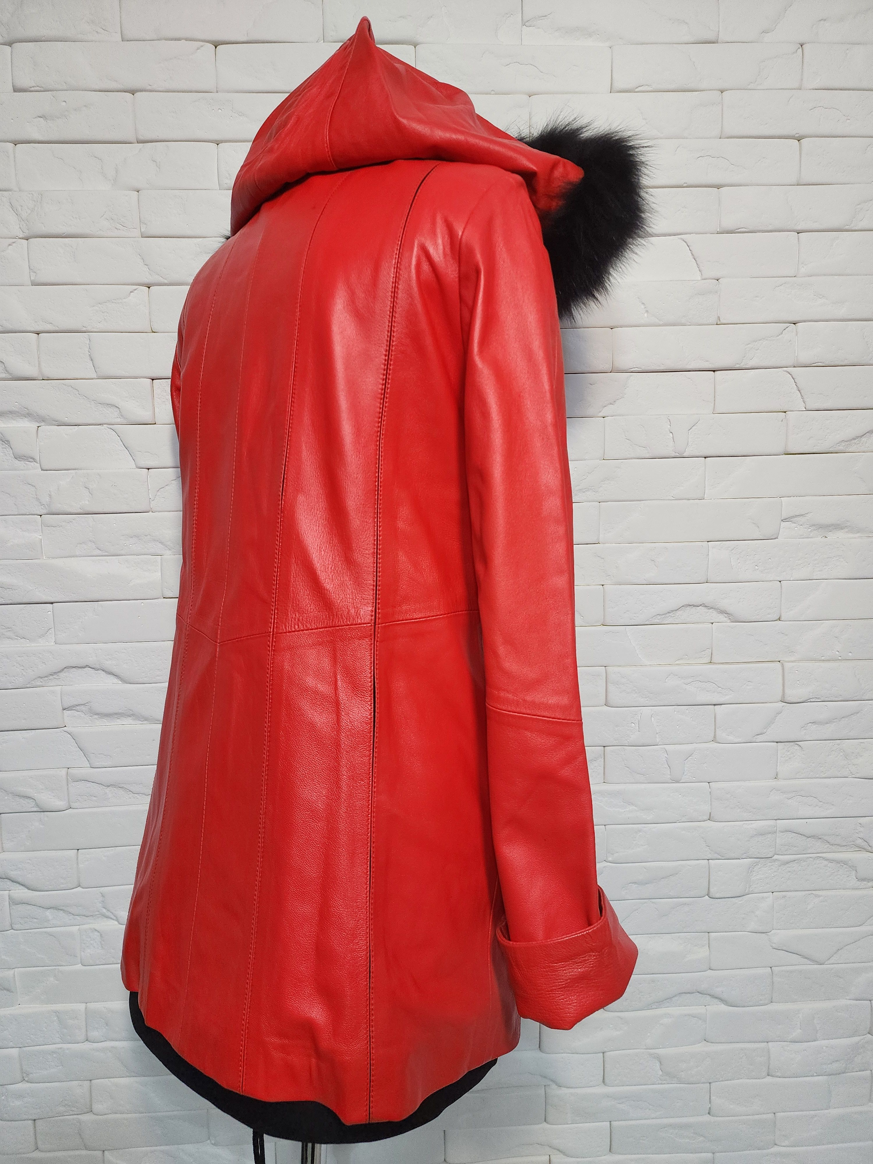 Genuine Leather Red Leather Jacket: Women's Leather Coat with Fur Hood Size M / US 6-8 / IT 42-44 - 7 Thumbnail