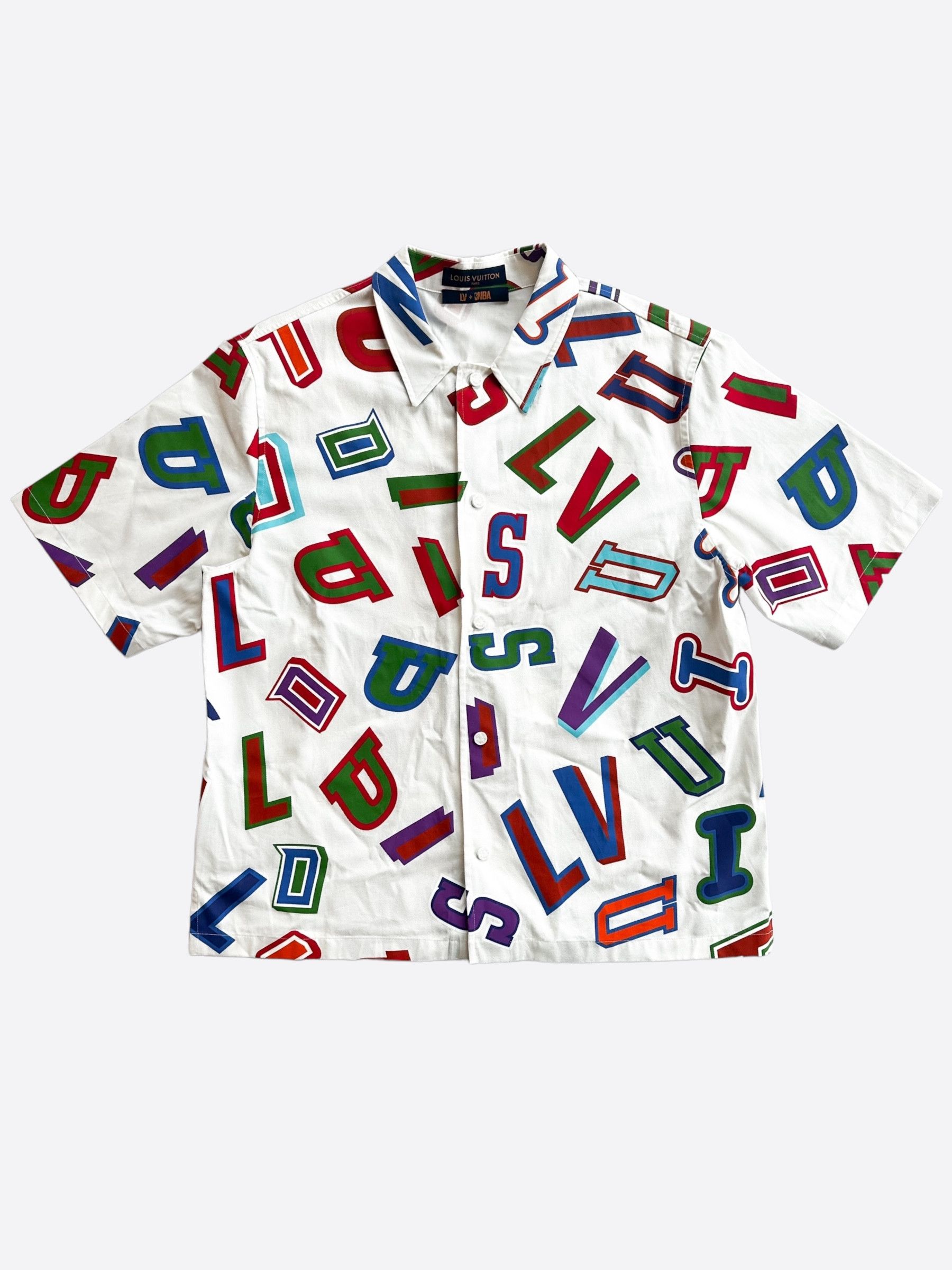 image of Louis Vuitton Nba White Multicolor Letters Button Up Shirt, Men's (Size 2XL)