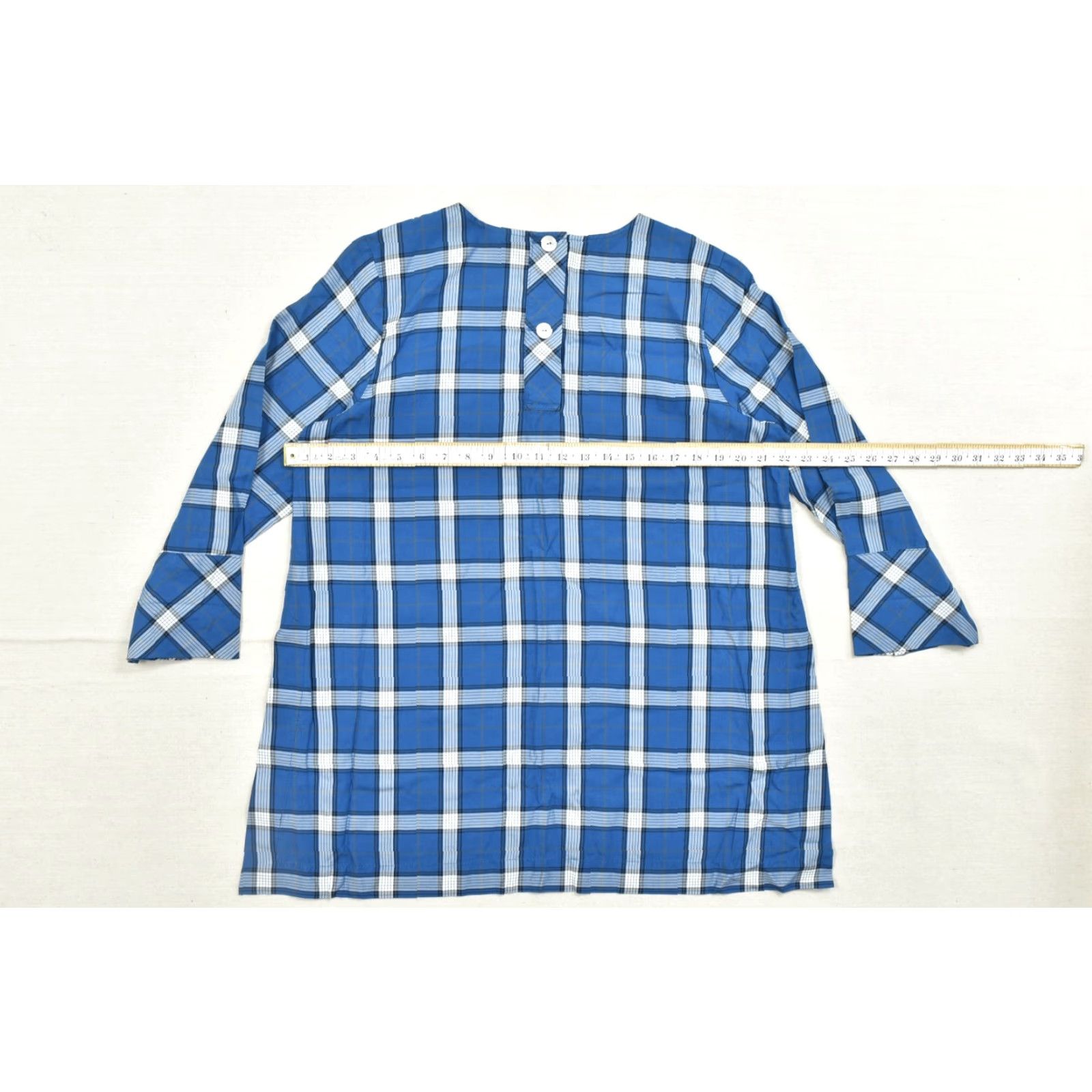 J. Jill J. Jill Blouse Women's Size M Blue Plaid Tencel Lyocell 3/4 Bell Sleeve Button Back Tunic Dress"} Size M / US 6-8 / IT 42-44 - 3 Thumbnail
