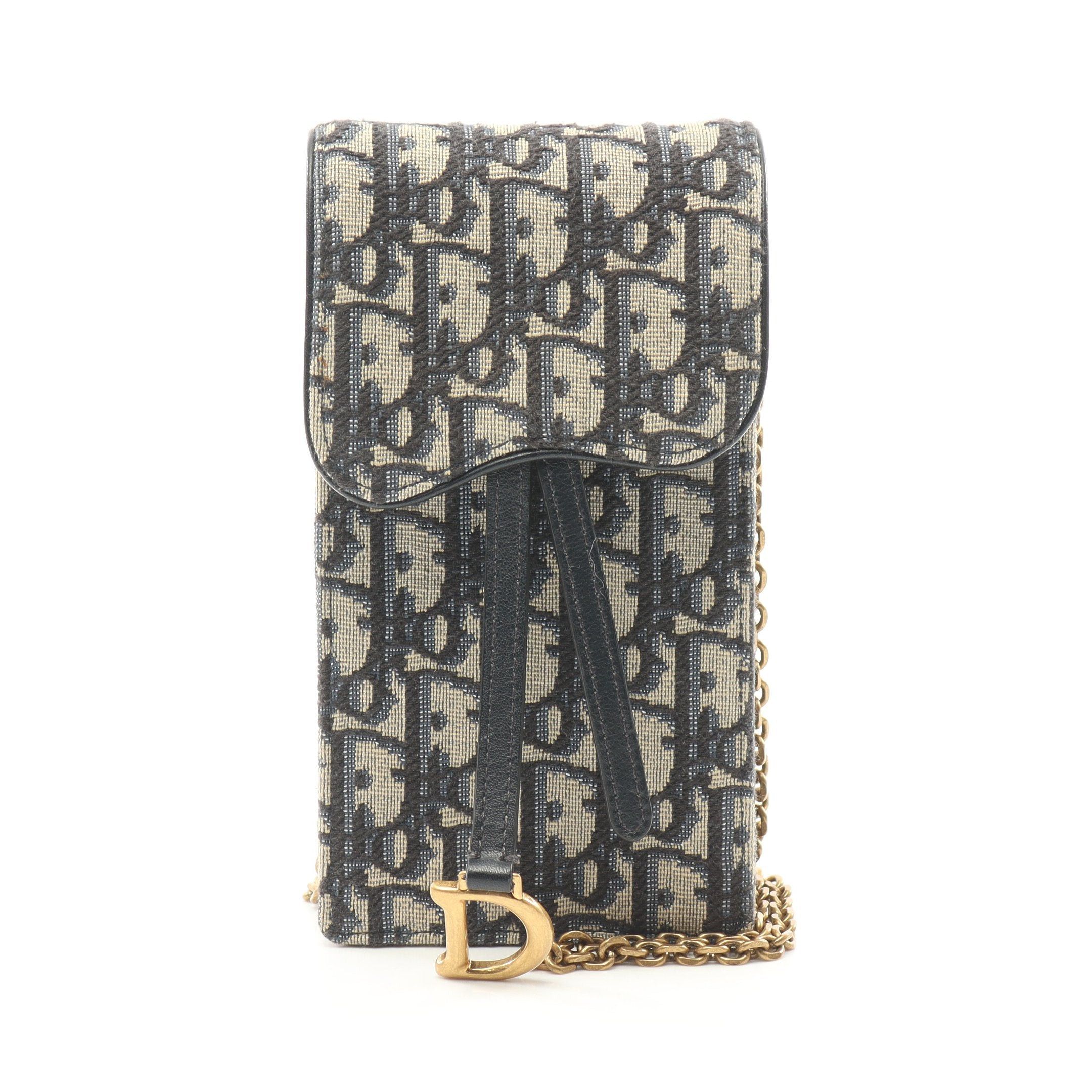 Dior Dior Saddle Oblique Phone Shoulder Chain Bag Canvas Leather Light Gray Navy Size ONE SIZE - 1 Thumbnail