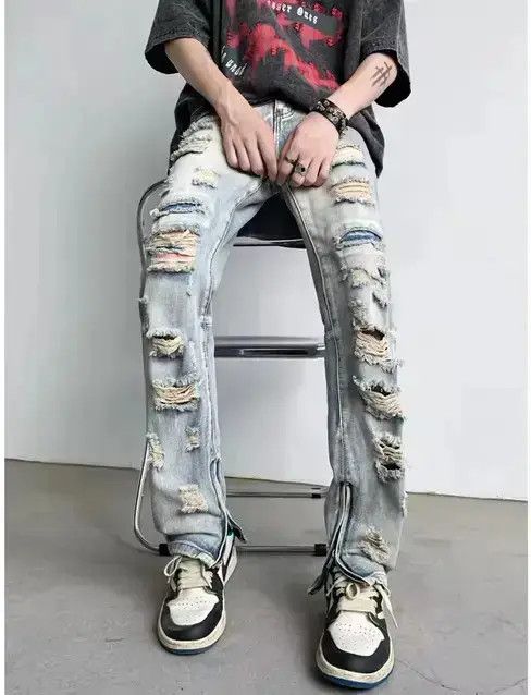 Japanese Brand Straight zipper ripped jeans Size US 30 / EU 46 - 1 Thumbnail
