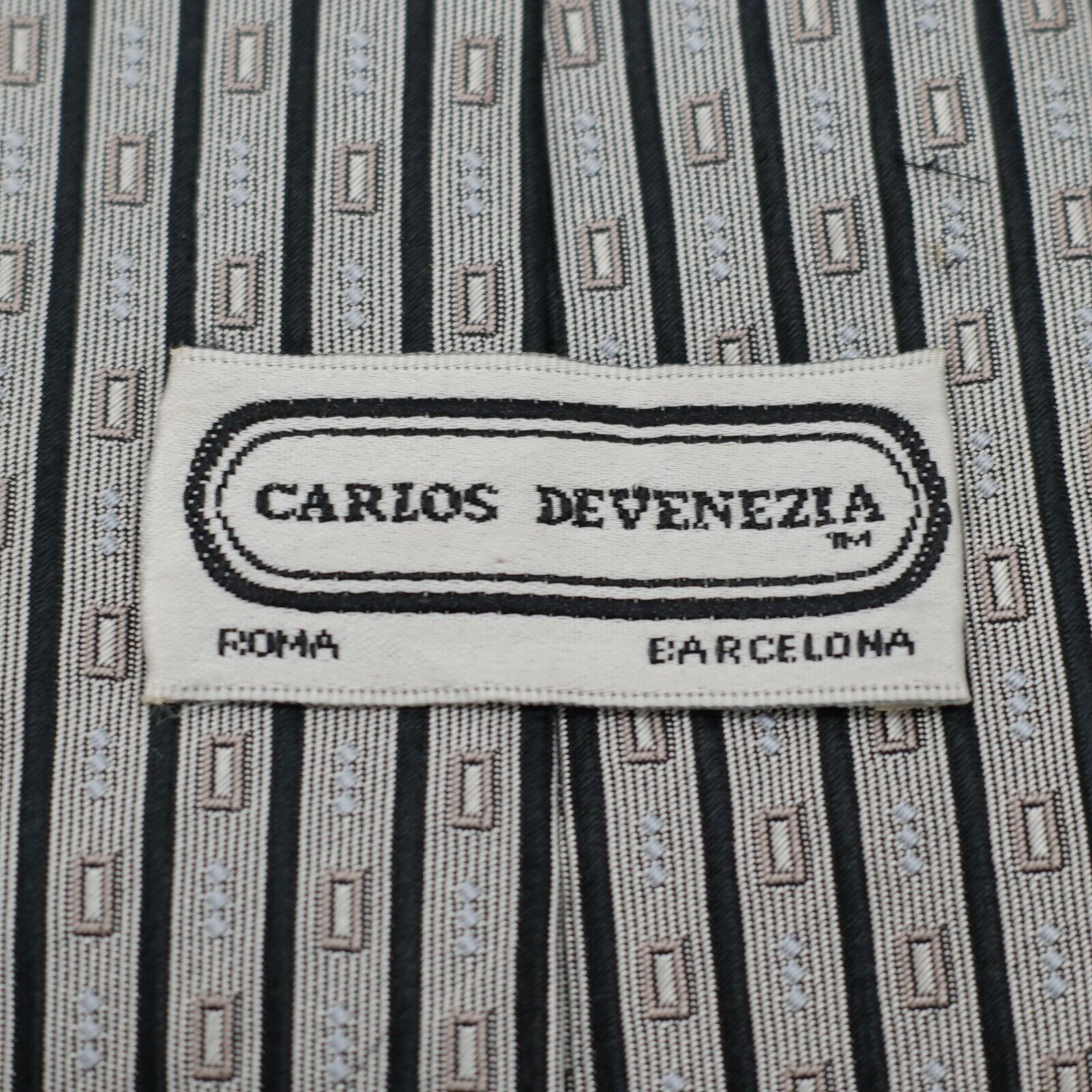Designer Carlos Devenezia Silver Tan Black Geometric Woven Long Silk Size ONE SIZE - 3 Thumbnail