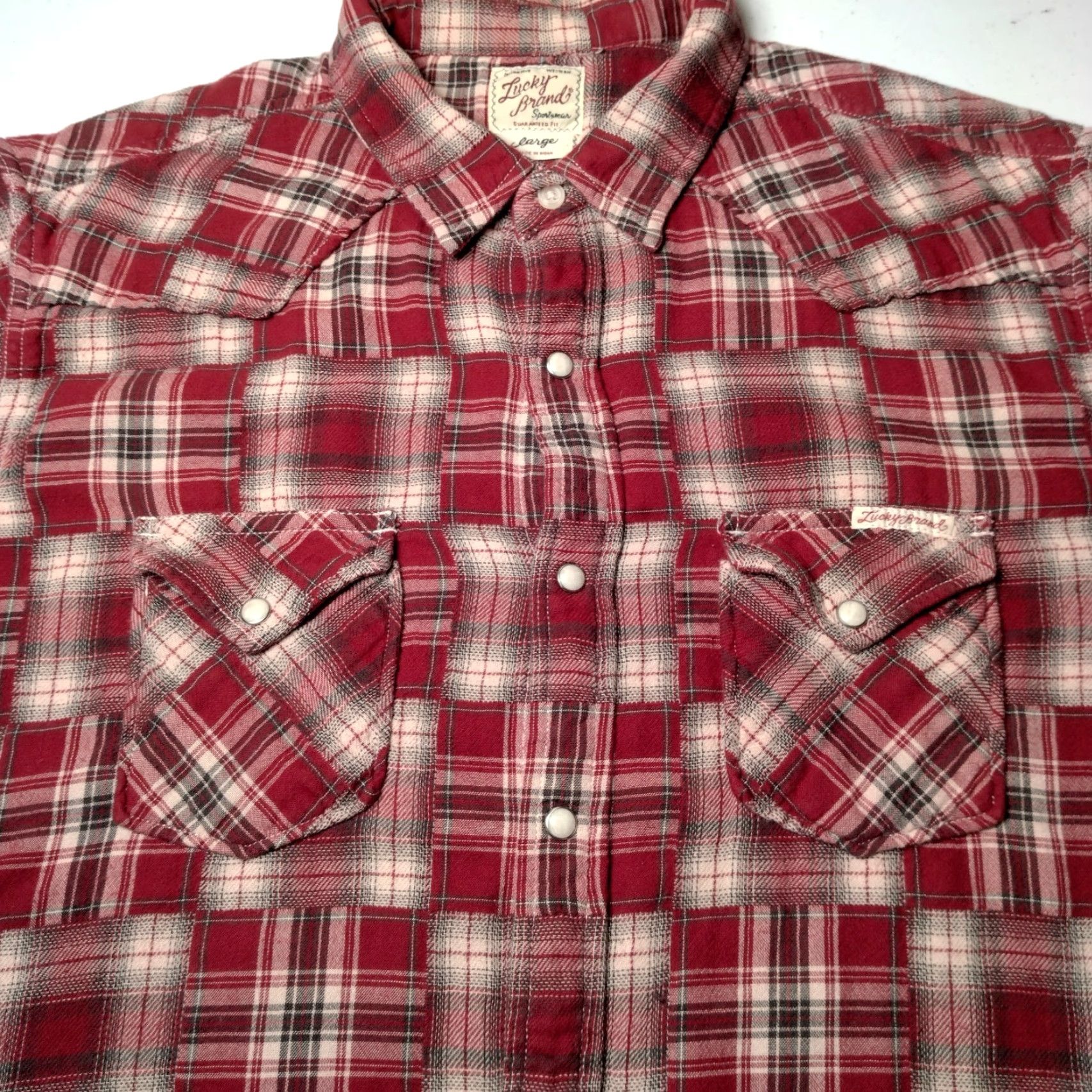 Lucky Brand VINTAGE Lucky Brand Western Flannel Shirt Men L Red Patchwork Pearl Snap Quilted Western Wear Mens Large Red Plaid etc Size US L / EU 52-54 / 3 - 2 Thumbnail
