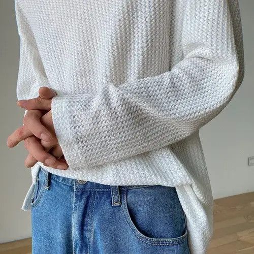 Japanese Brand Korean fashion white U neck long sleeve waffle top Size US M / EU 48-50 / 2 - 2 Thumbnail