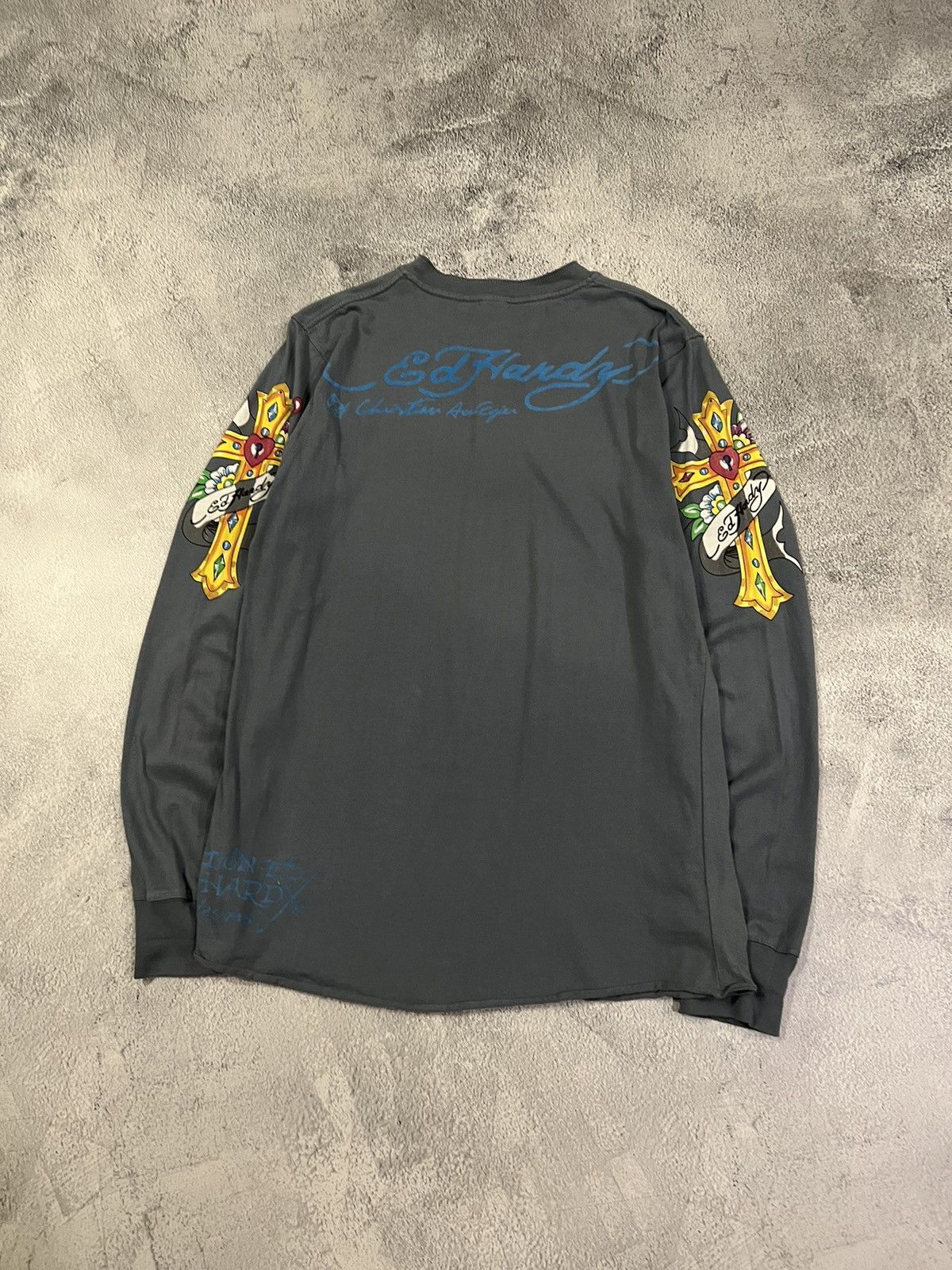Vintage Y2k Ed Hardy Skull Cross Tattoo Rare Long Sleeve 00s