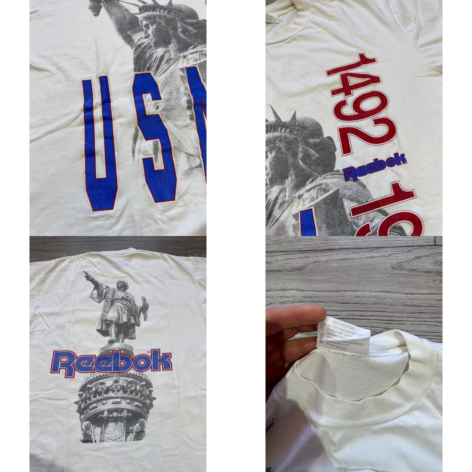 Reebok VINTAGE Reebok White Cotton Tee T-Shirt XL Men Shirt 1992 Statue Of Liberty USA 1492 1992 Mens White Cotton Tee Size US XL / EU 56 / 4 - 9 Thumbnail